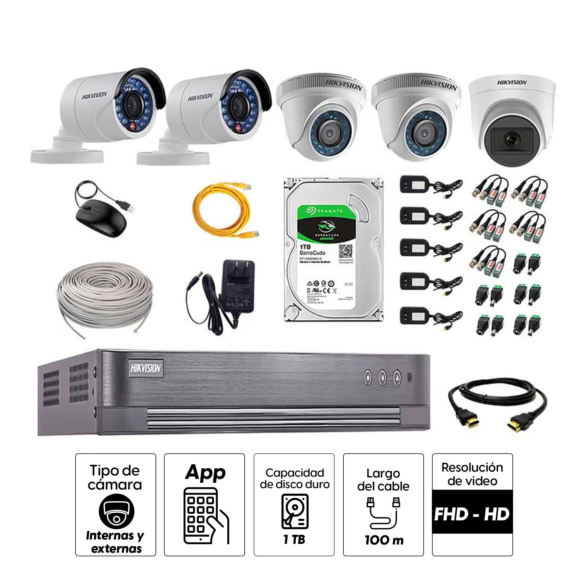 Imagen 2 del producto Kit de seguridad Hikvision 1 cámara Domo (micrófono incoporado) 1080P + 2 cámaras Domo Tubo 720P + 2 cámaras Tubo Turbo 720P + dvr + disco 1TB