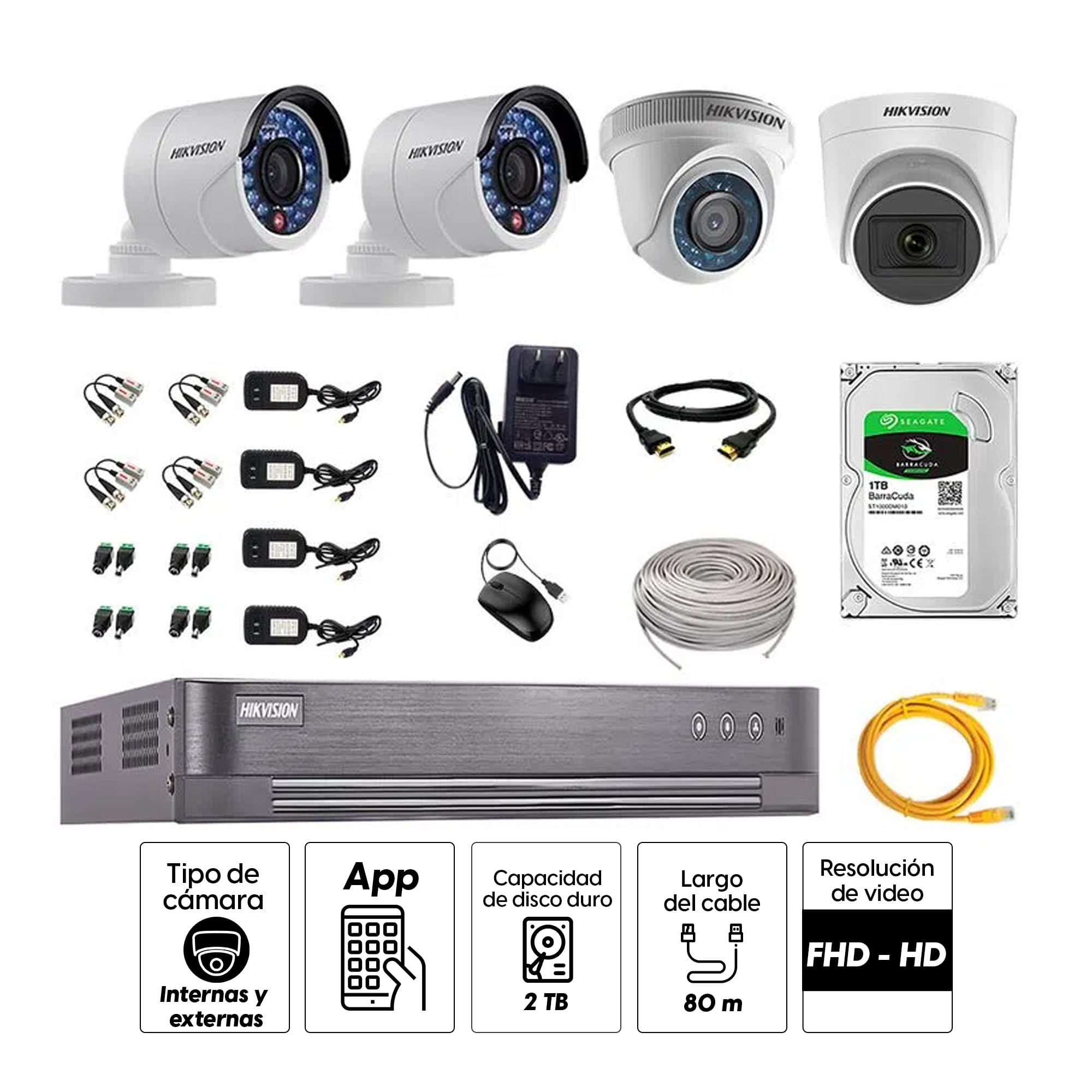 Imagen 2 del producto Kit de seguridad Hikvision 1 cámara Domo (micrófono incorporado) 1080P + 1 cámara Domo Turbo 720P + 2 cámaras Tubo Turbo 720P + dvr + disco 1TB