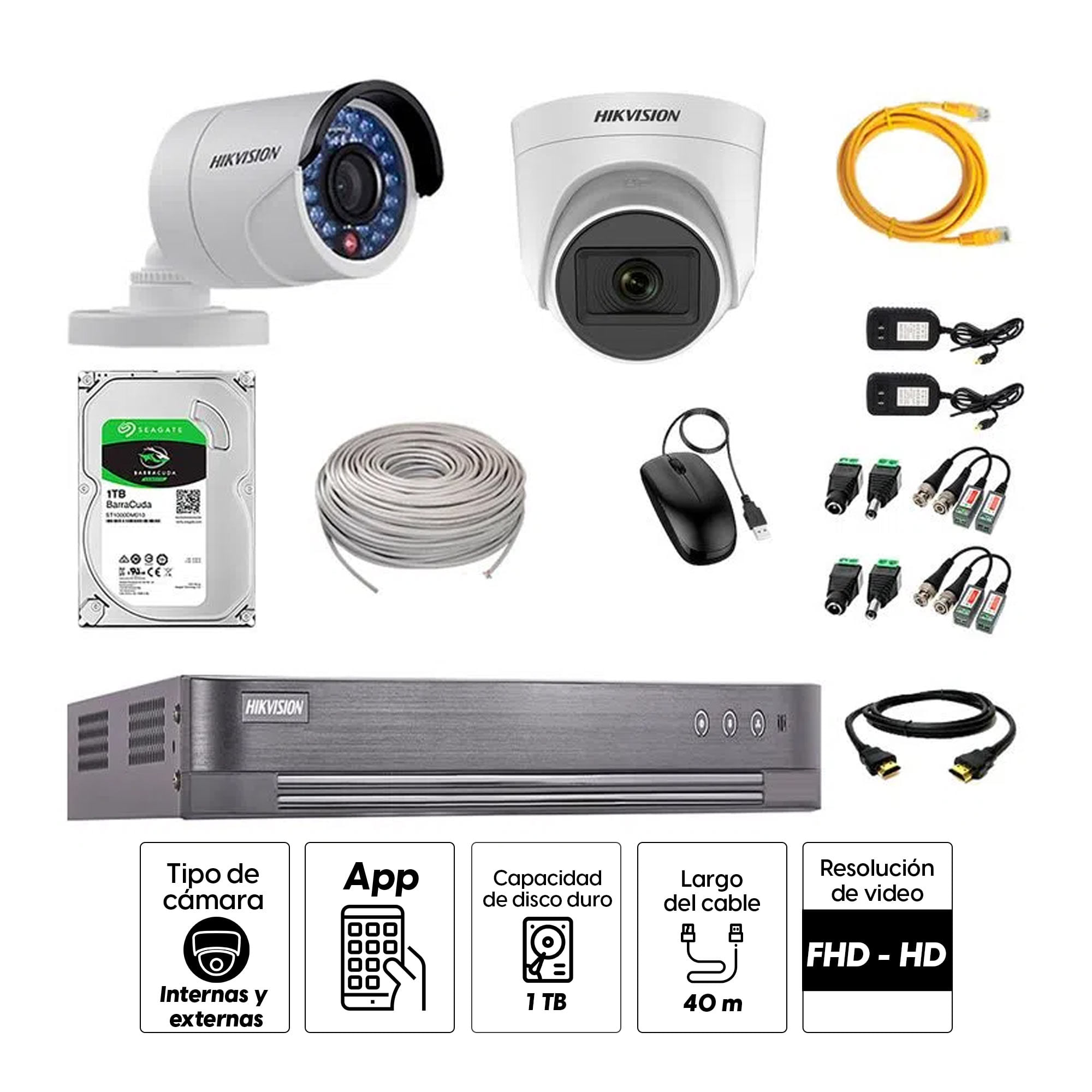 Imagen 2 del producto Kit de seguridad Hikvision 1 cámara Domo (micrófono incorporado) 1080P + 1 cámara Tubo Turbo 720P + dvr + disco 1TB