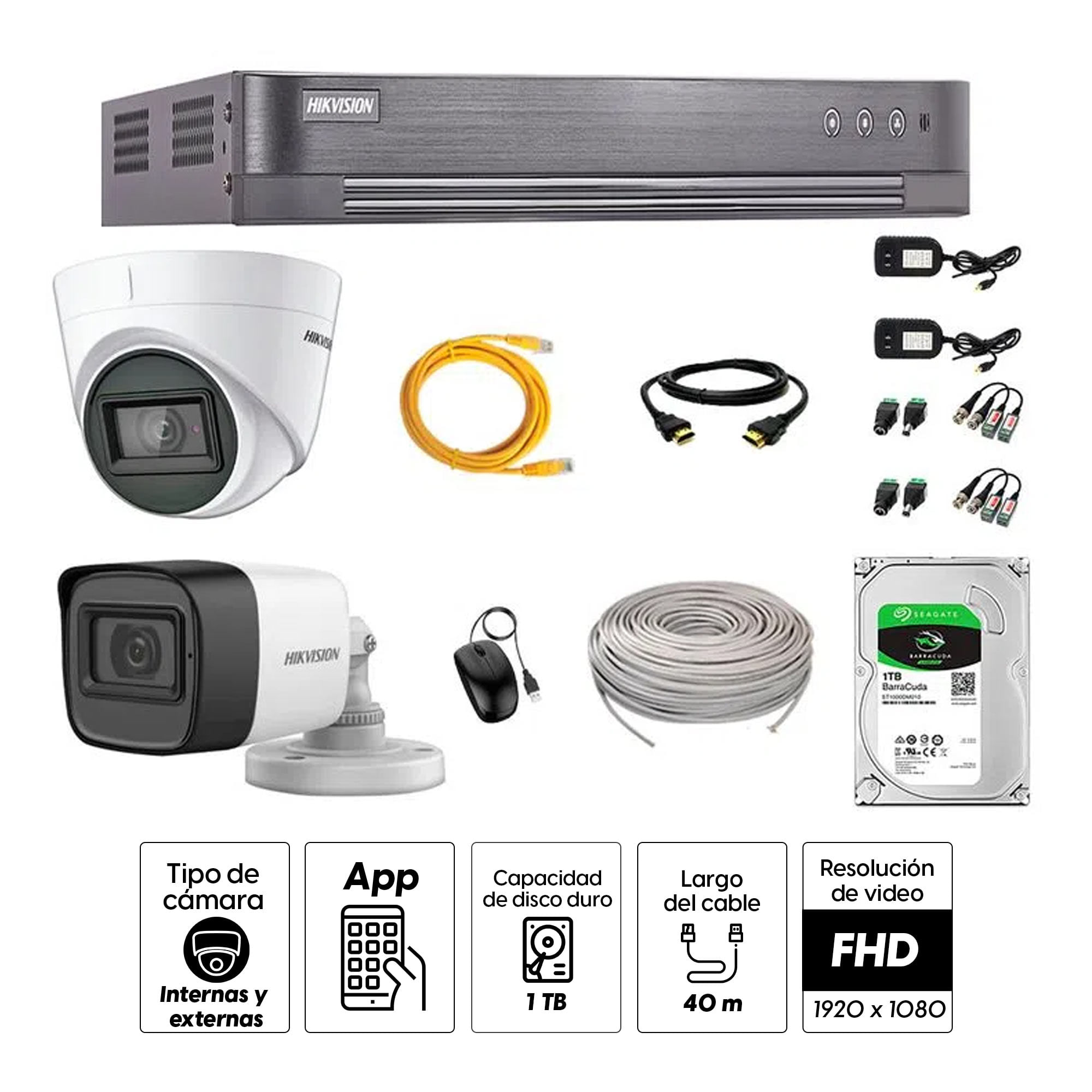 Imagen 2 del producto Kit de seguridad Hikvision 1 cámara Domo (audio incorporado) 1080P + 1 cámara Tubo (audio incorporado) 1080P + dvr + disco 1TB