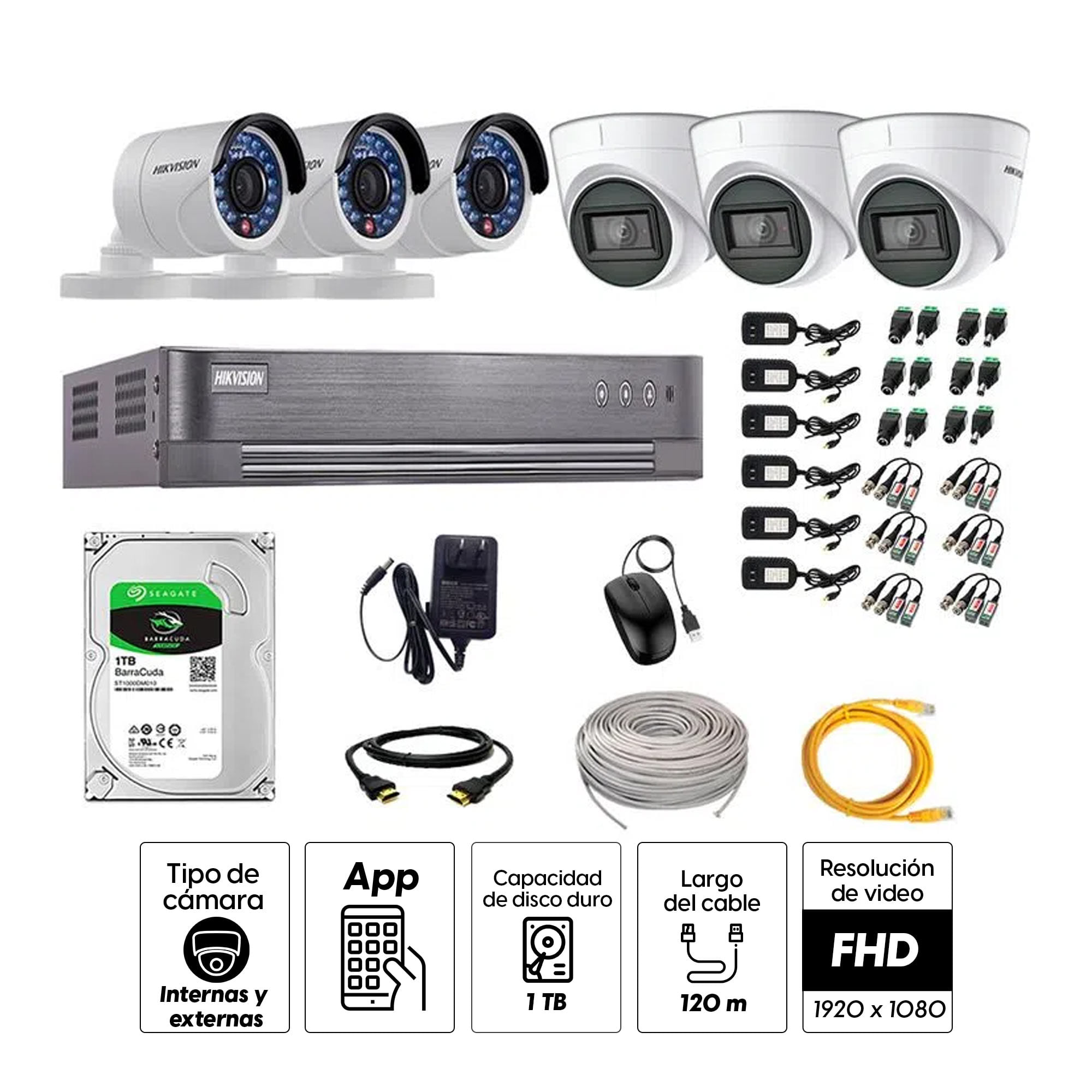 Imagen 2 del producto Kit de seguridad Hikvision 3 cámaras Domo (audio incorporado) 1080P + 3 cámaras Tubo 1080P + dvr + disco 1TB