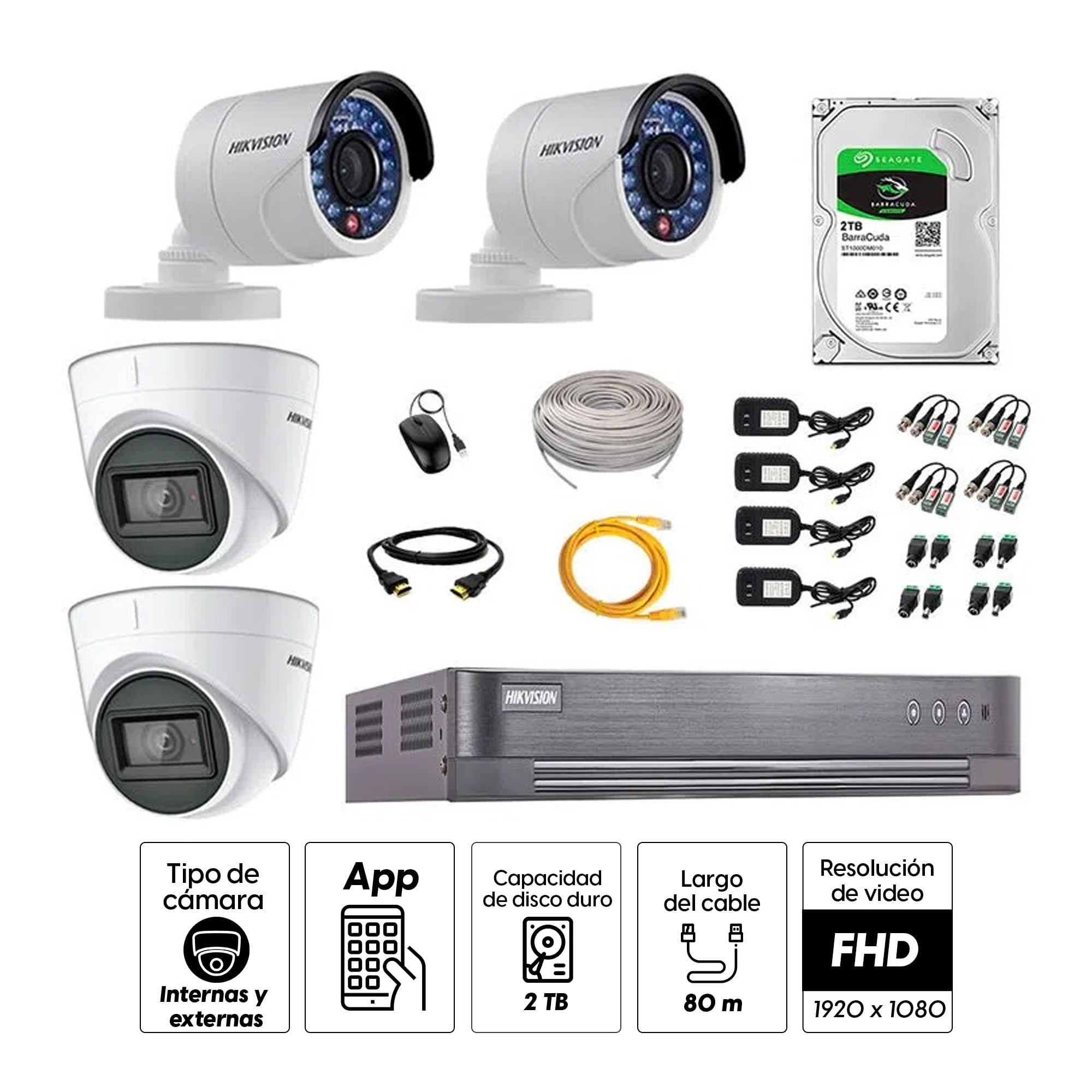 Imagen 2 del producto Kit de seguridad Hikvision 2 cámaras Domo (audio incorporado) 1080P + 2 cámaras Tubo 1080P + dvr + disco 2TB