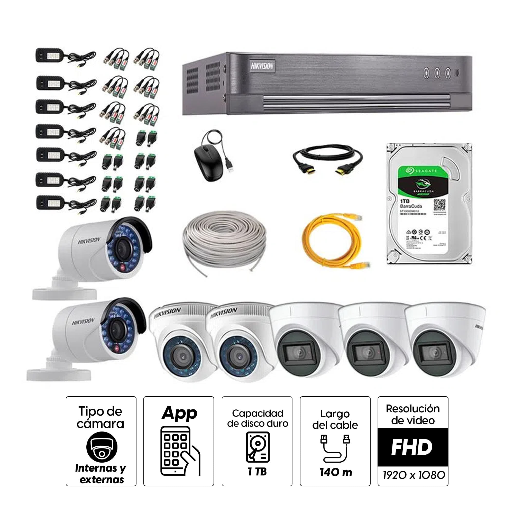 Imagen 2 del producto Kit de seguridad Hikvision 3 cámaras Domo (audio incorporado) 1080P + 2 cámaras Domo 1080P + 2 cámaras Tubo 1080P + dvr + disco 1TB