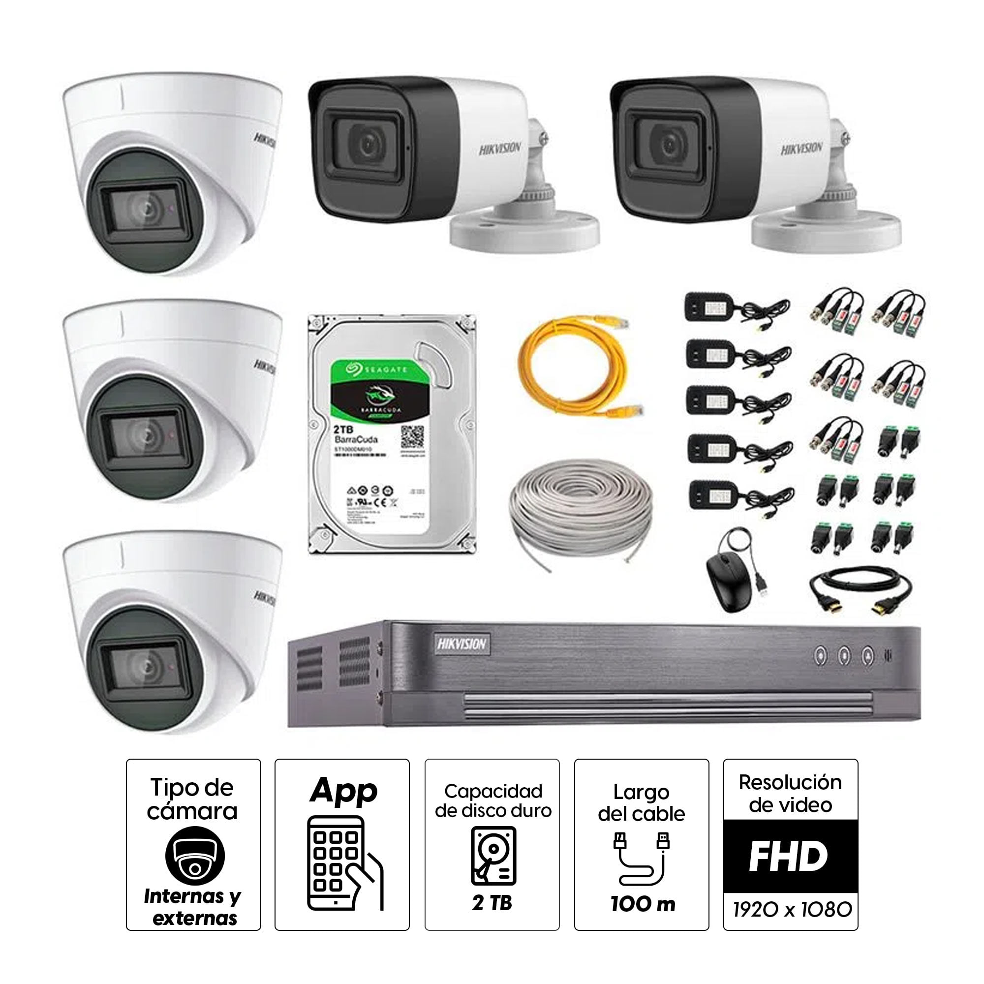 Imagen 2 del producto Kit de seguridad Hikvision 3 cámaras Domo (audio incorporado) 1080P + 2 cámaras Tubo (audio incorporado) 1080P + dvr + disco 2TB
