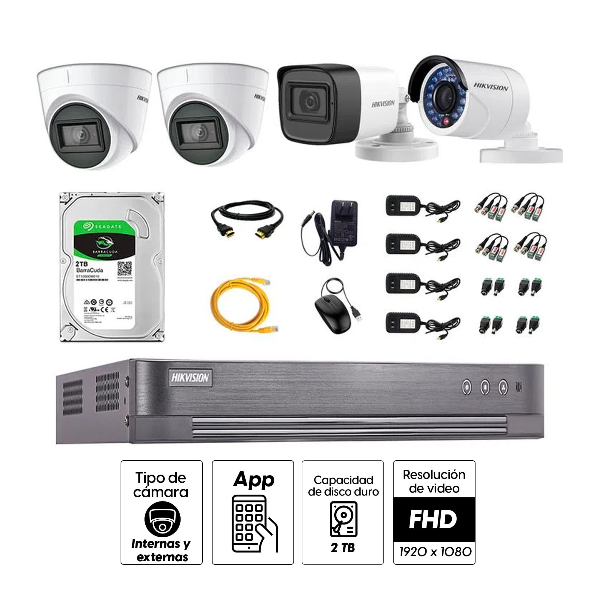 Imagen 2 del producto Kit de seguridad Hikvision 2 cámaras Domo (audio incorporado) 1080P + 1 cámara Tubo (audio incorporado) 1080P + 1 cámara Tubo 1080P + dvr + disco 2TB