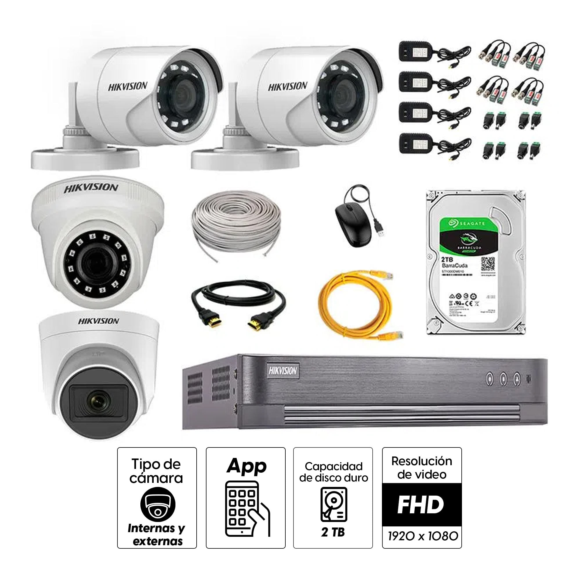 Imagen 2 del producto Kit de seguridad Hikvision 1 cámara Domo (micrófono incorporado) 1080P + 1 cámara Domo Turbo 1080P + 2 cámaras Tubo Turbo 1080P + dvr + disco 2TB