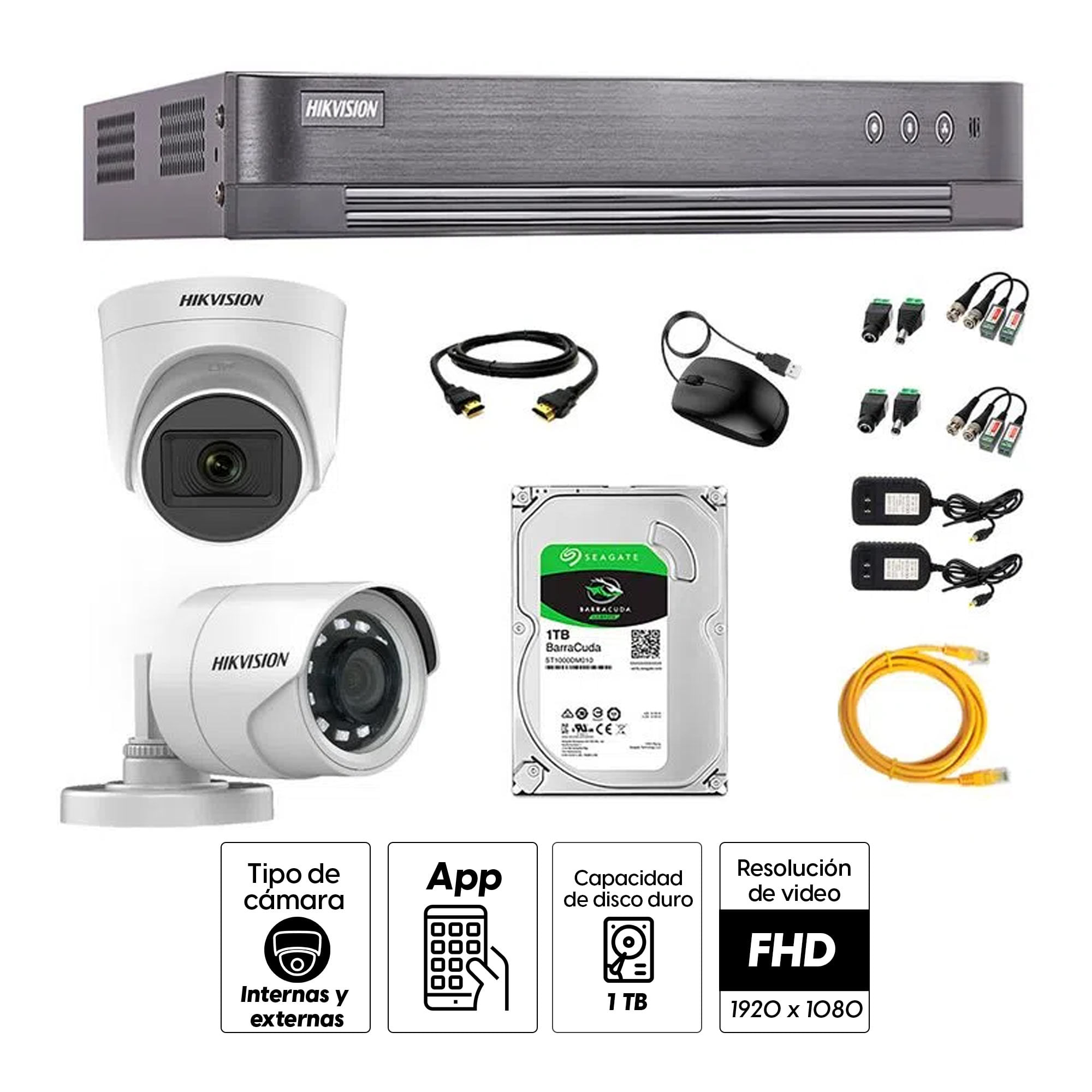 Imagen 2 del producto Kit de seguridad Hikvision 1 cámara Domo (micrófono incorporado) 1080P + 1 cámara Tubo Turbo 1080P + dvr + disco 1TB