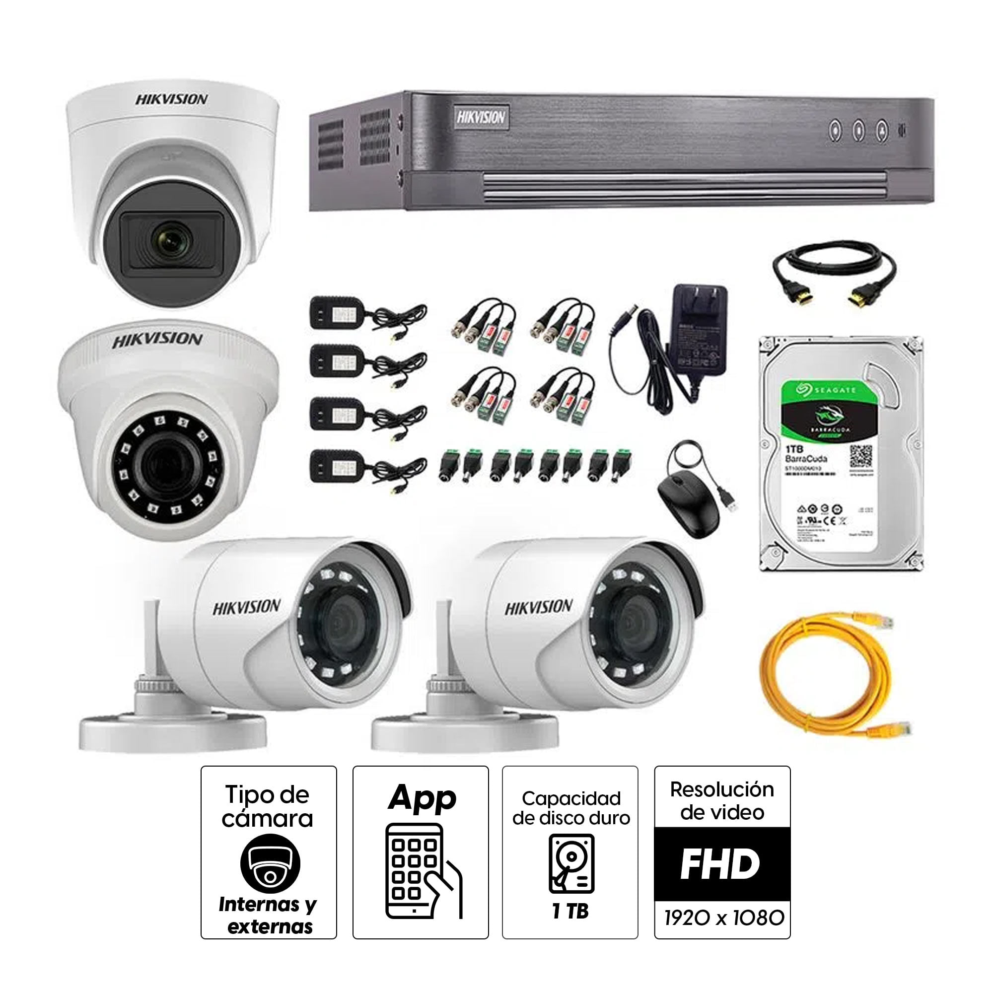 Imagen 2 del producto Kit de seguridad Hikvision 1 cámara Domo (audio incorporado) 1080P + 1 cámara Domo Turbo 1080P + 2 cámaras Tubo Turbo 1080P + dvr + disco 1TB