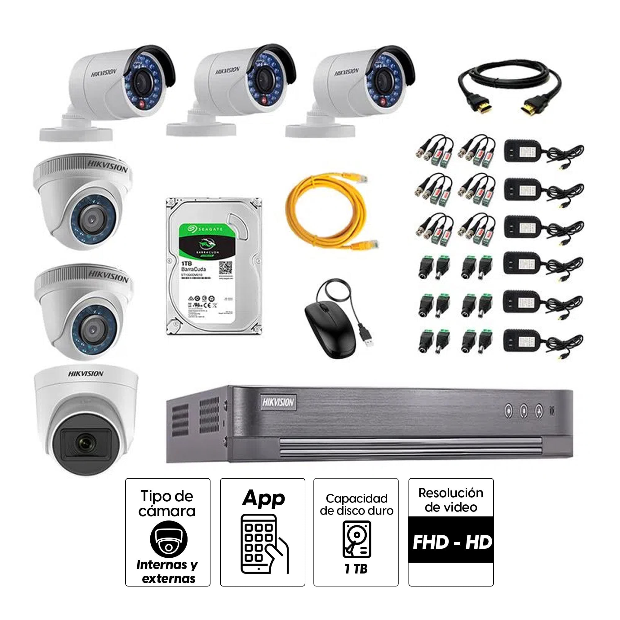 Imagen 2 del producto Kit de seguridad Hikvision 1 cámara Domo (micrófono incorporado) 1080P + 2 cámaras Domo Turbo 720P + 3 cámaras Tubo Turbo 720P + dvr + disco 1TB