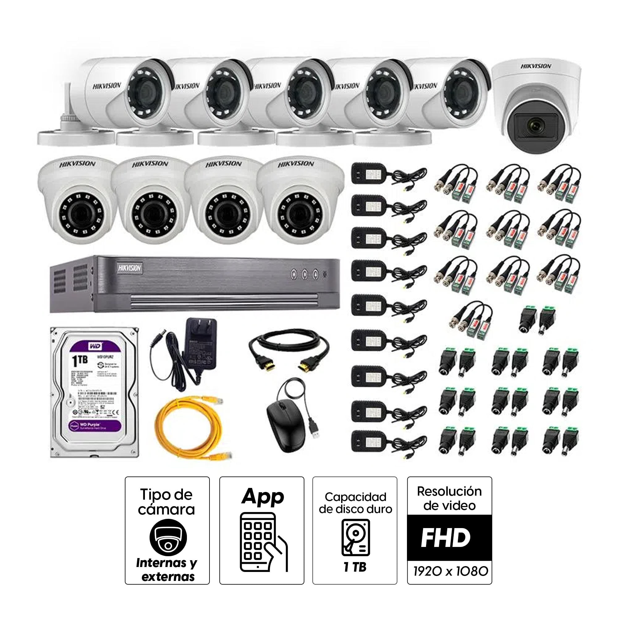 Imagen 2 del producto Kit de seguridad Hikvision 1 cámara Domo (micrófono incorporado) 1080P + 4 cámaras Domo Turbo 1080P + 5 cámaras Tubo Turbo 1080P + dvr + disco 1TB