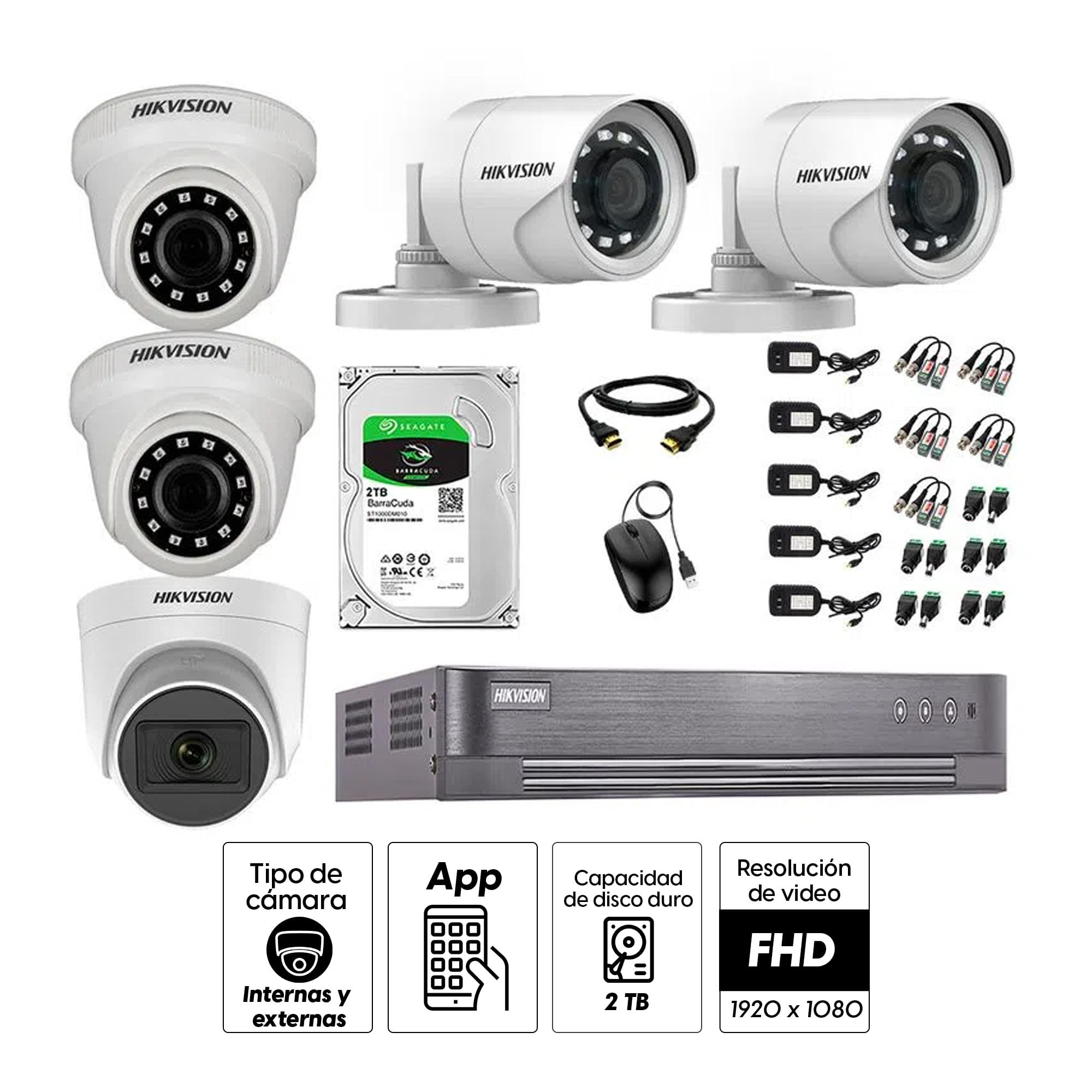Imagen 2 del producto Kit de seguridad Hikvision 1 cámara Domo (micrófono incorporado) 1080P + 2 cámaras Tubo Turbo 1080P + 2 cámaras Domo Turbo 1080P + dvr + disco 2TB