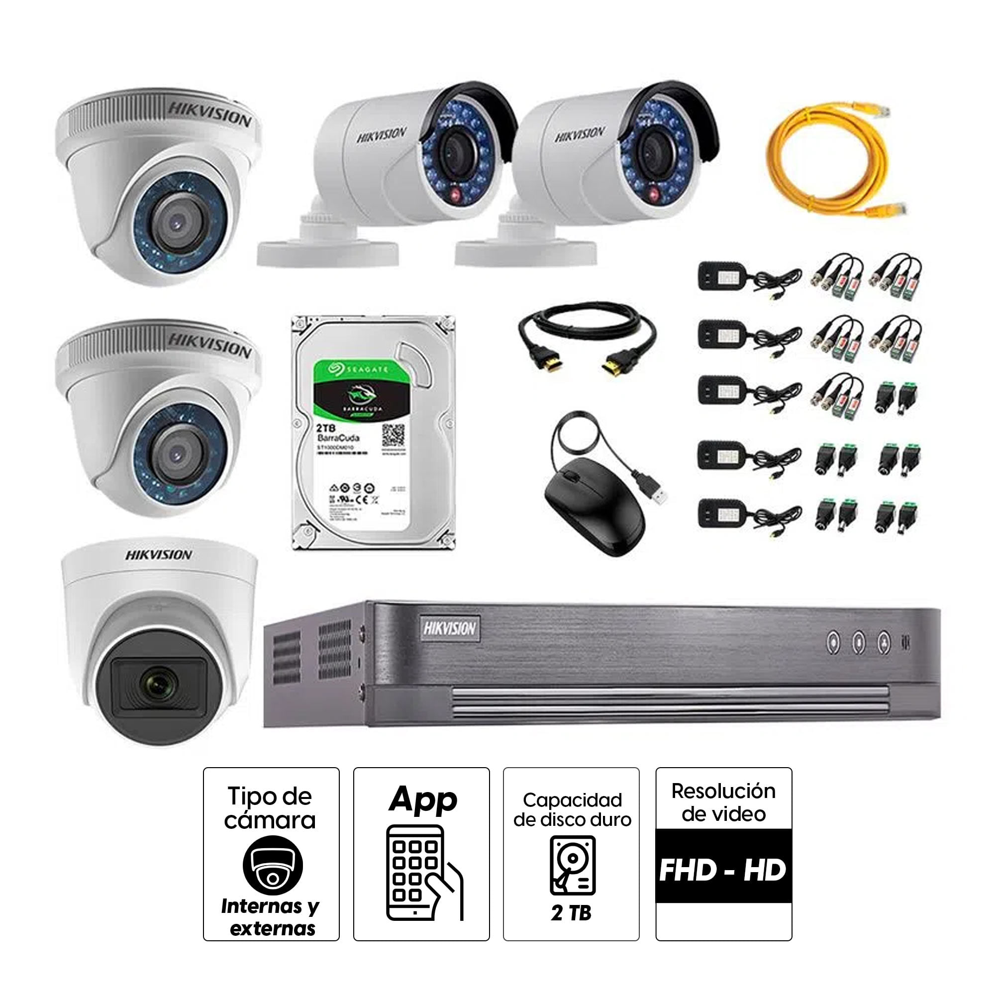 Imagen 2 del producto Kit de seguridad Hikvision 1 cámara Domo (micrófono incorporado) 1080P + 2 cámaras Domo Turbo 720P + 2 cámaras Tubo Turbo 720P + dvr + disco 2TB