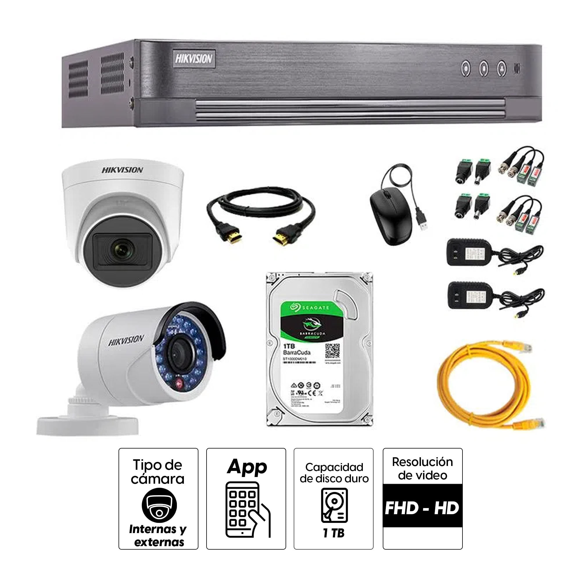 Imagen 2 del producto Kit de seguridad Hikvision 1 cámara Domo (micrófono incorporado) 1080P + 1 cámara Tubo Turbo 720P + dvr + disco 1TB