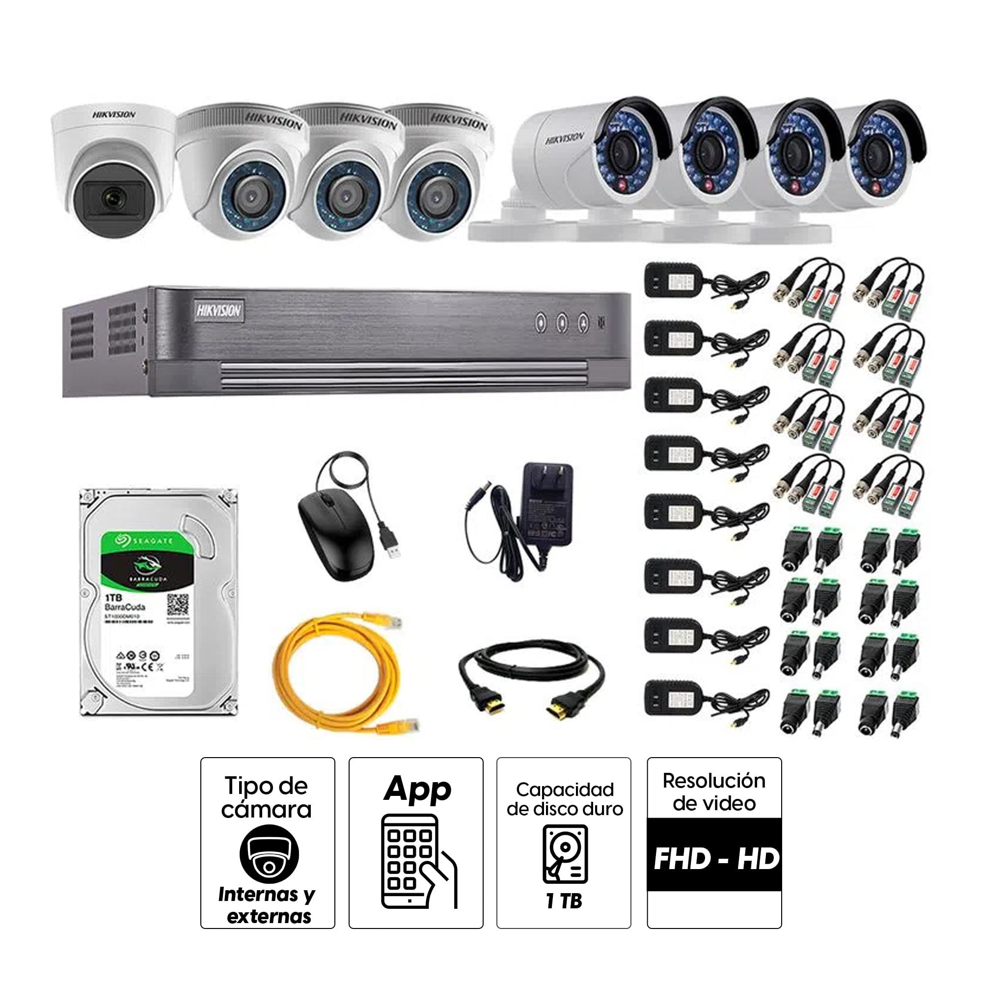Imagen 2 del producto Kit de seguridad Hikvision 1 cámara Domo (micrófono incorporado) 1080P + 3 cámaras Domo Turbo 720P + 4 cámaras Tubo Turbo 720P + dvr + disco 1TB