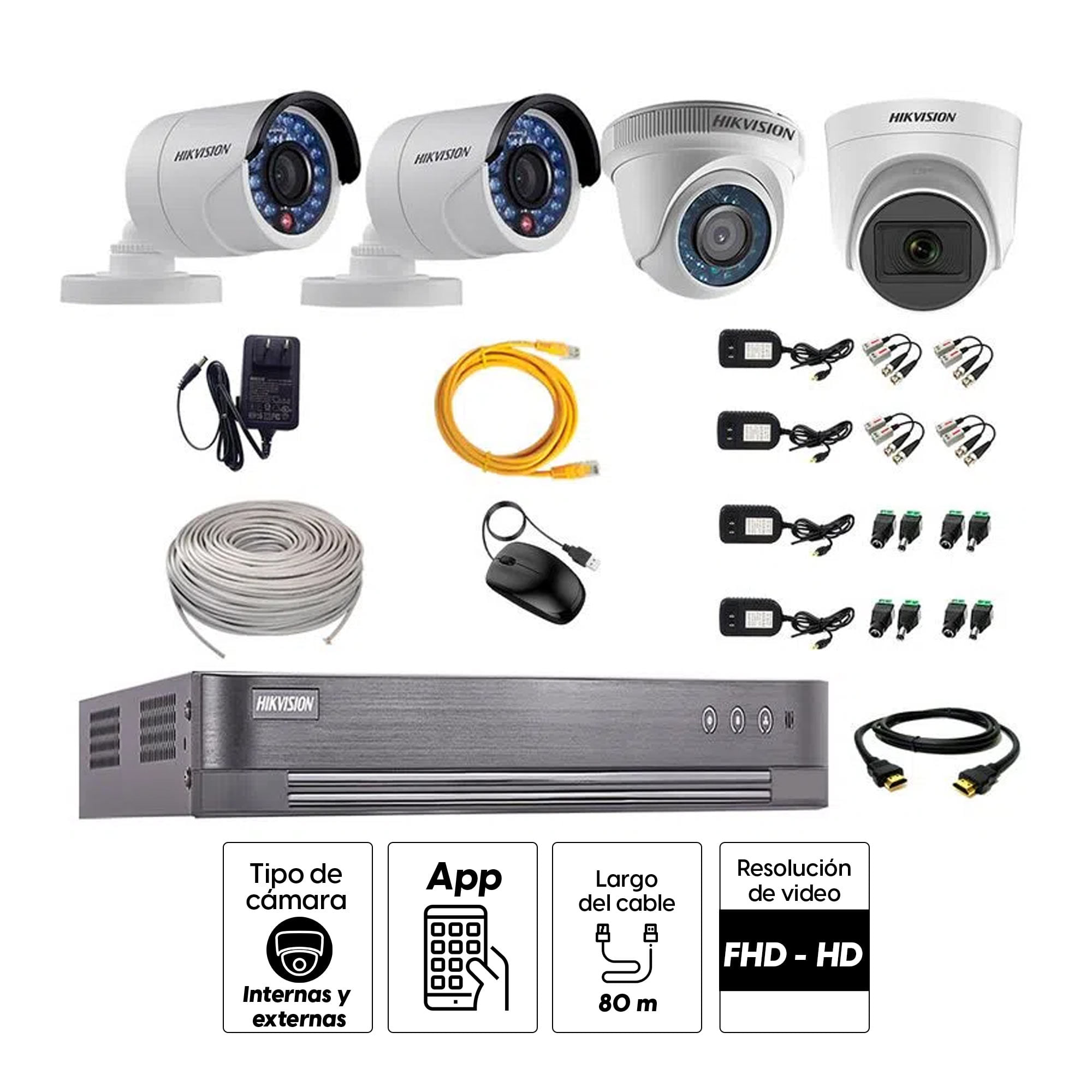 Imagen 2 del producto Kit de seguridad Hikvision 1 cámara Domo (micrófono incorporado) 1080P + 1 cámara Domo Turbo 720P + 2 cámaras Tubo Turbo 720P + dvr