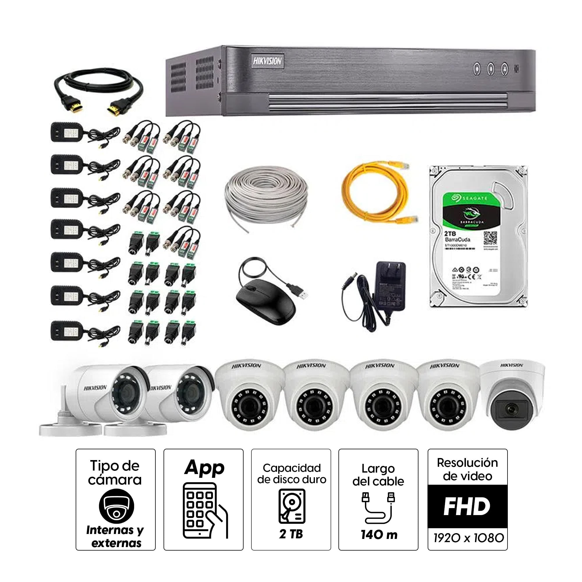 Imagen 2 del producto Kit de seguridad Hikvision 1 cámara Domo (micrófono incorporado) 1080P + 4 cámaras Domo Turbo 1080P + 2 cámaras Tubo Turbo 1080P + dvr + disco 2TB