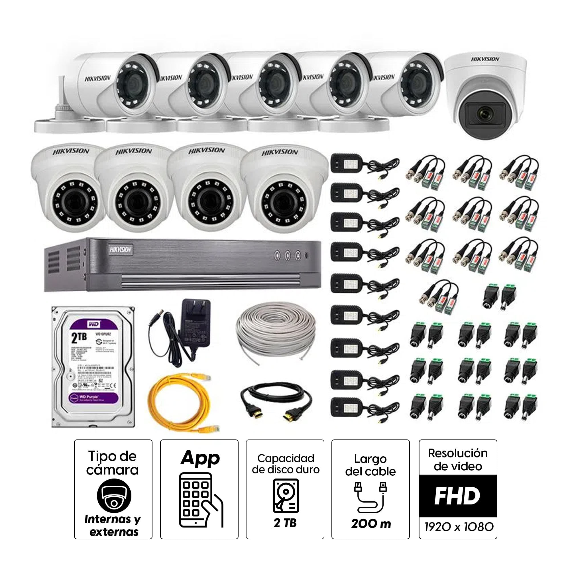 Imagen 2 del producto Kit de seguridad Hikvision 1 cámara Domo (micrófono incorporado) 1080P + 4 cámaras Domo Turbo 1080P + 5 cámaras Tubo Turbo 1080P + dvr + disco 2TB