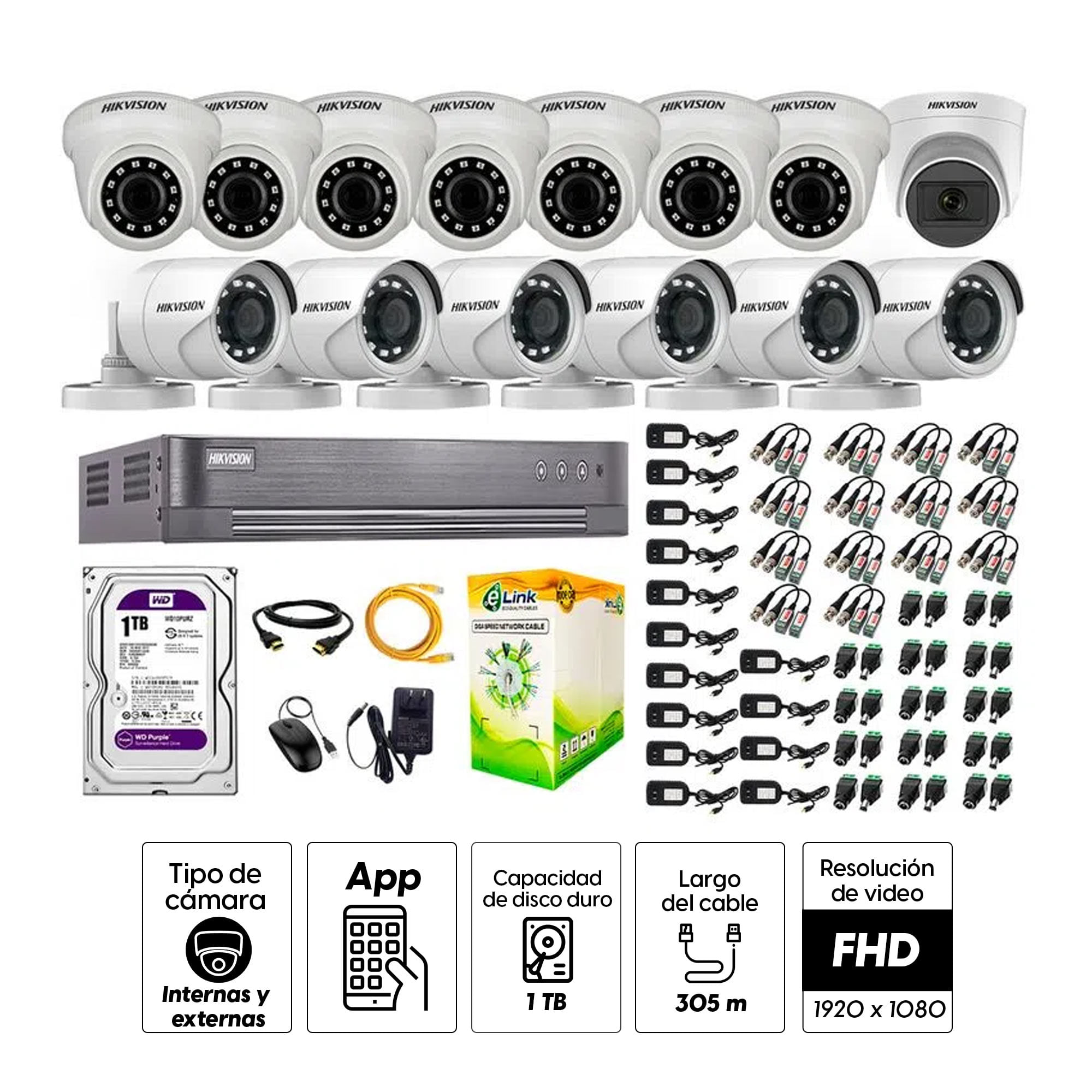Imagen 2 del producto Kit de seguridad Hikvision 1 cámara Domo (micrófono incorporado) 1080P + 7 cámaras Domo Turbo 1080P + 6 cámaras Tubo Turbo 1080P + dvr + disco 1TB