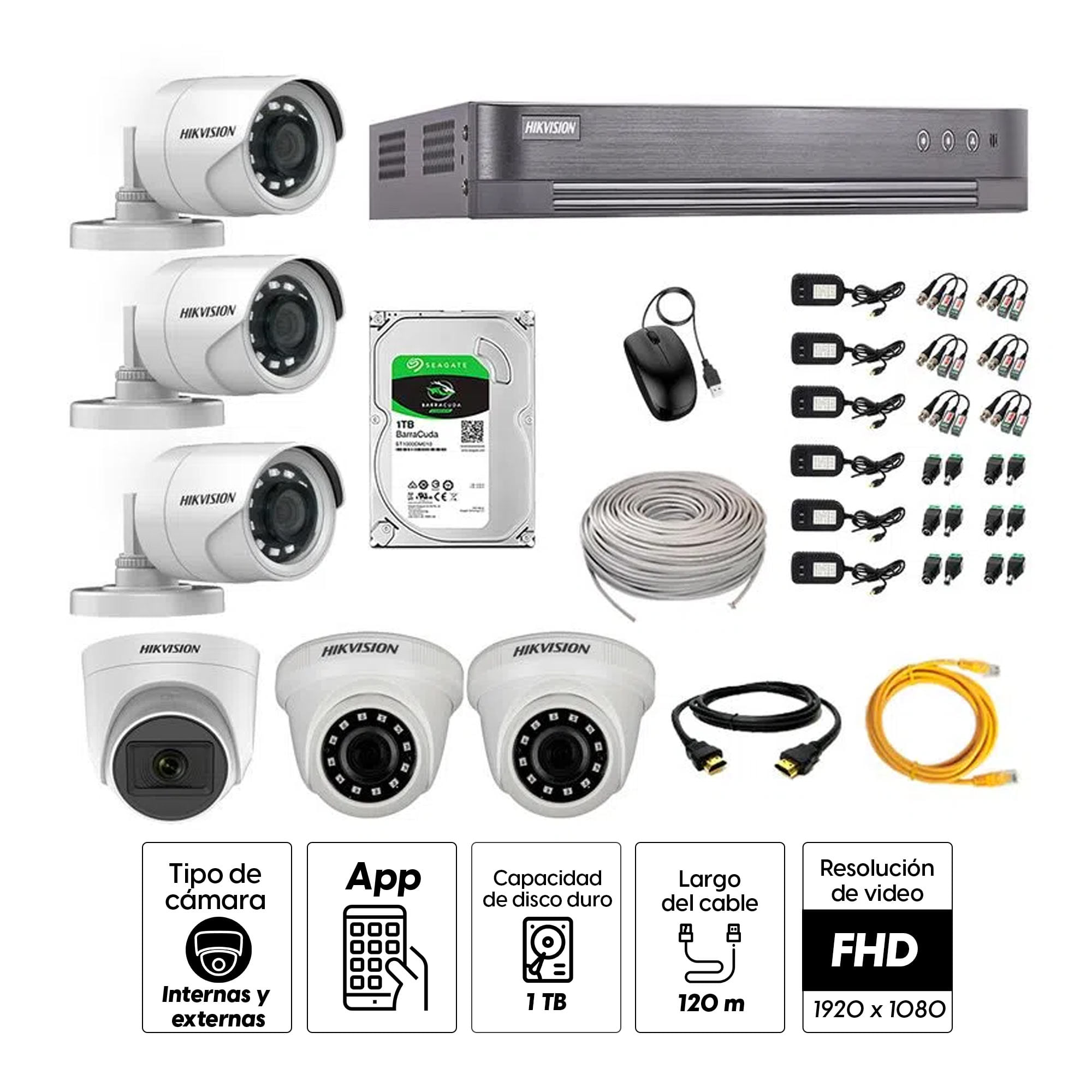 Imagen 2 del producto Kit de seguridad Hikvision 1 cámara Domo (micrófono incorporado) 1080P + 2 cámaras Domo Turbo 1080P + 3 cámaras Tubo Turbo 1080P + dvr + disco 1TB