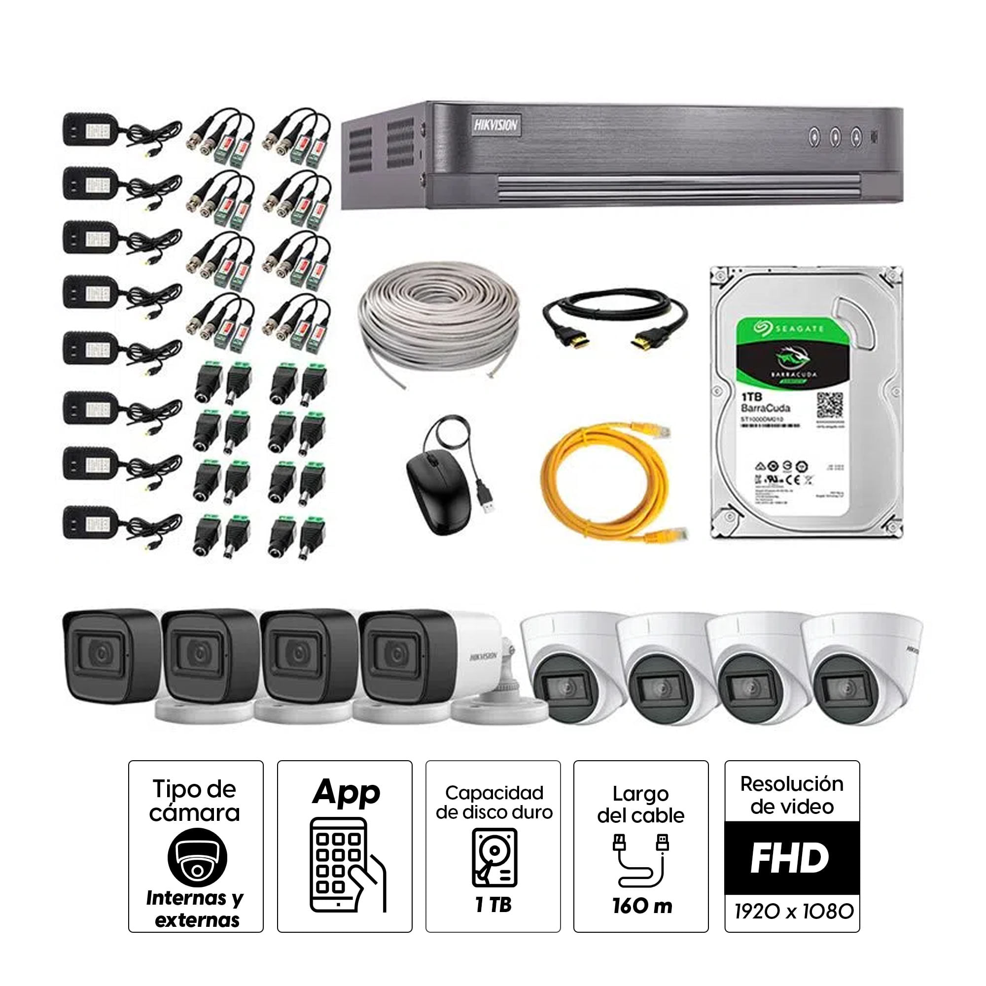 Imagen 2 del producto Kit de seguridad Hikvision 4 cámaras Domo (audio incorporado) 1080P + 4 cámaras Tubo (audio incorporado) 1080P + dvr + disco 1TB
