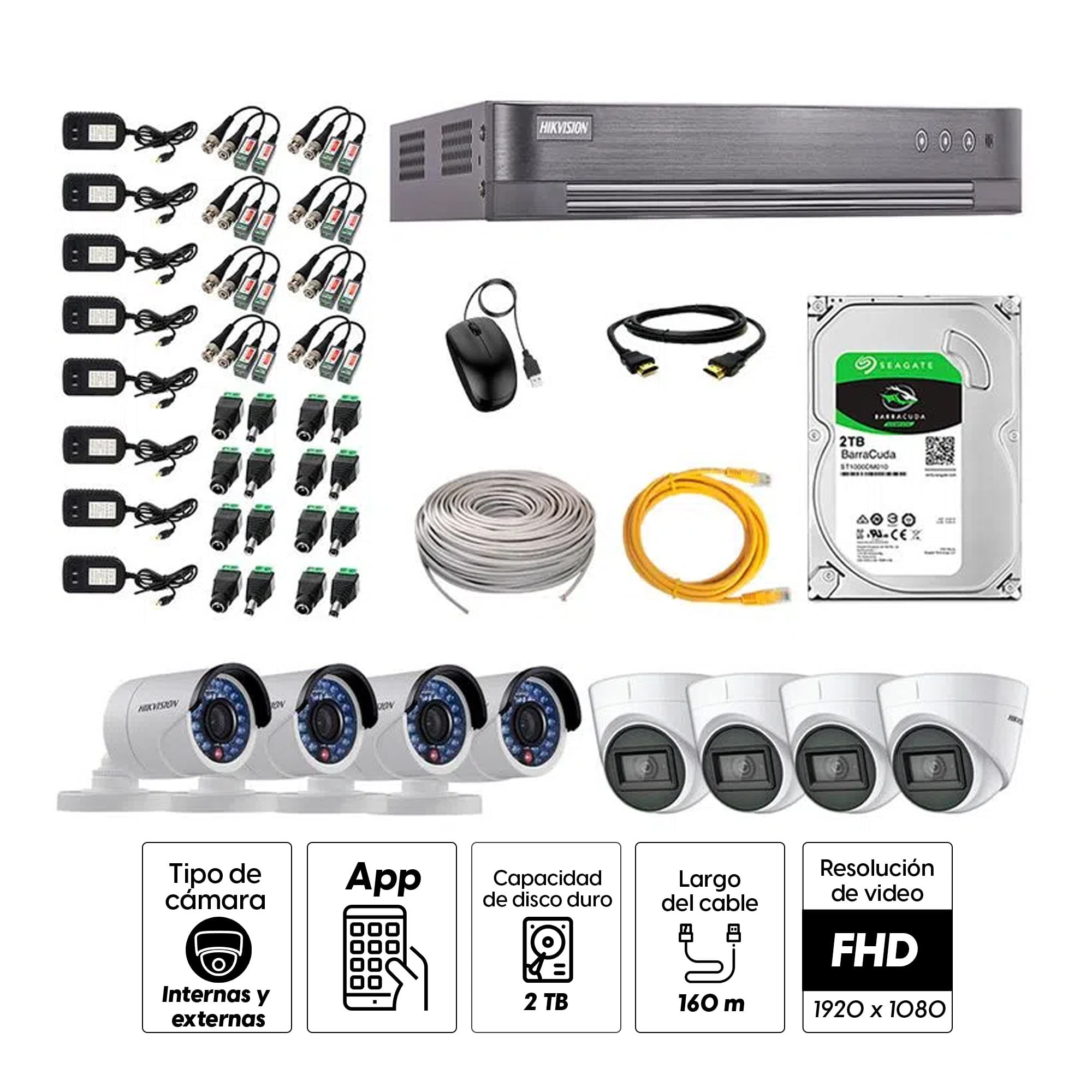 Imagen 2 del producto Kit de seguridad Hikvision 4 cámaras Domo (audio incorporado) 1080P + 4 cámaras Tubo 1080P + dvr + disco 2TB