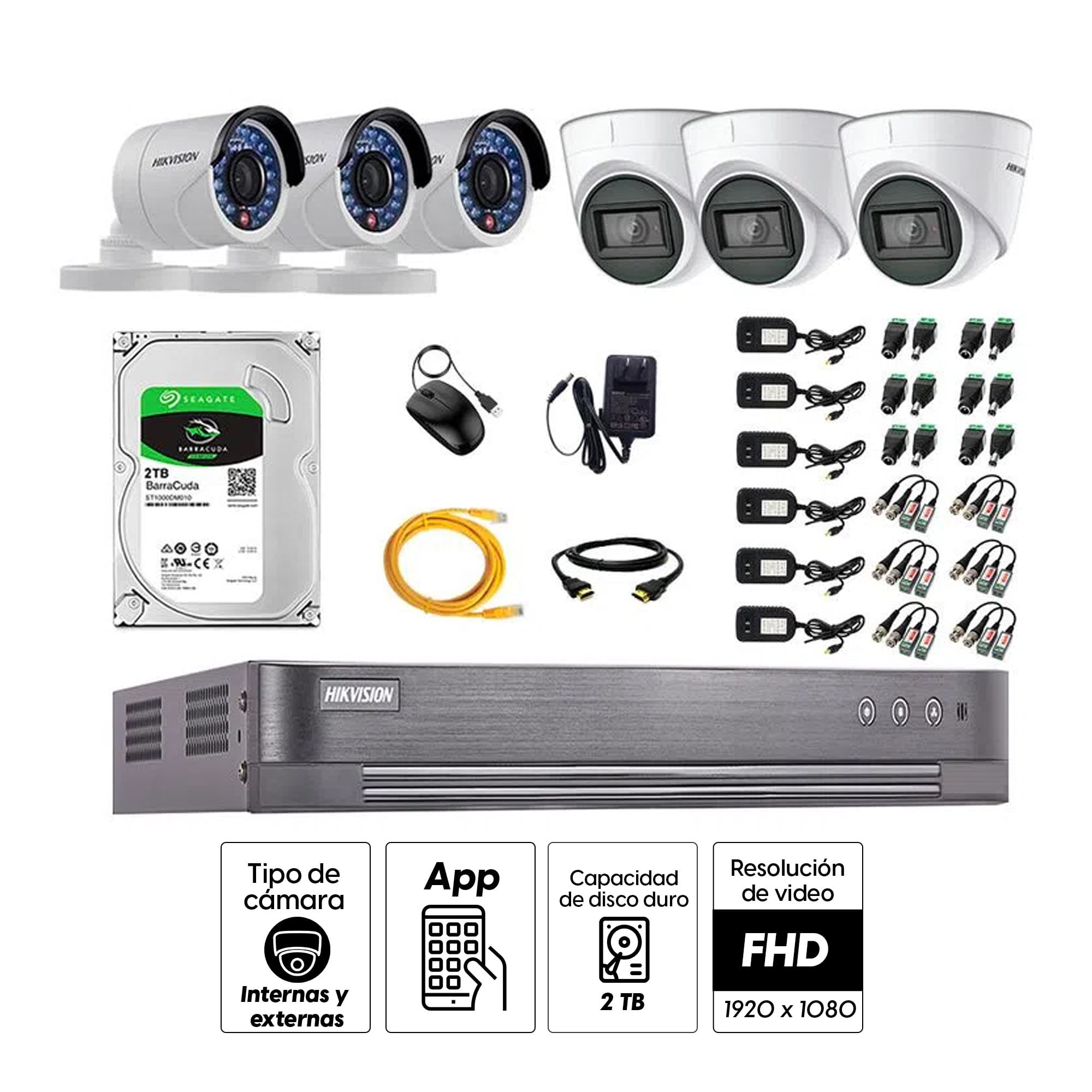 Imagen 2 del producto Kit de seguridad Hikvision 3 cámaras Domo (audio incorporado) 1080P + 3 cámaras Tubo 1080P + dvr + disco 2TB