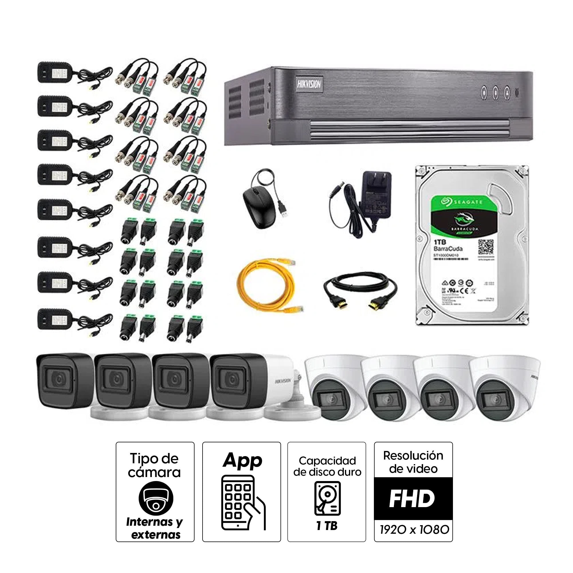 Imagen 2 del producto Kit de seguridad Hikvision 4 cámaras Domo (audio incorporado) 1080P + 4 cámaras Tubo (audio incorporado) 1080P + dvr + disco 1TB