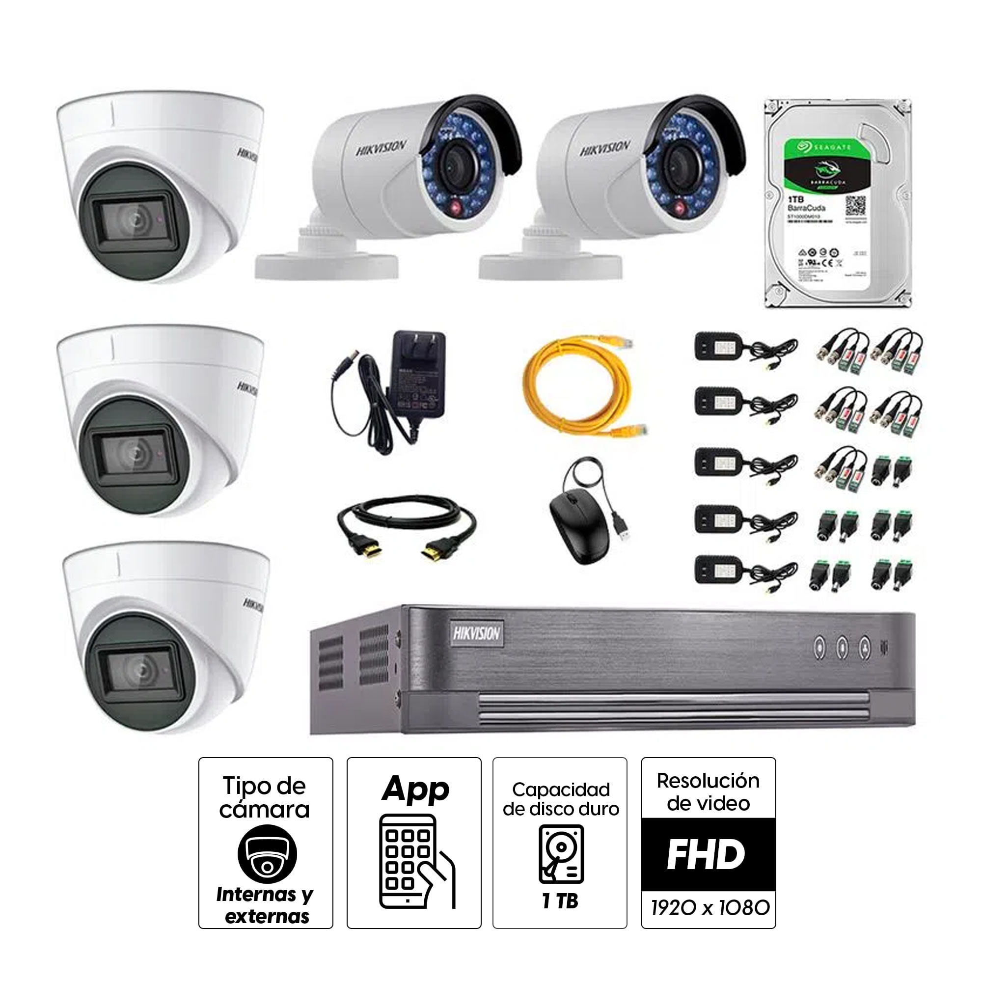 Imagen 2 del producto Kit de seguridad Hikvision 3 cámaras Domo (audio incorporado) 1080P + 2 cámaras Tubo 1080P + dvr + disco 1TB