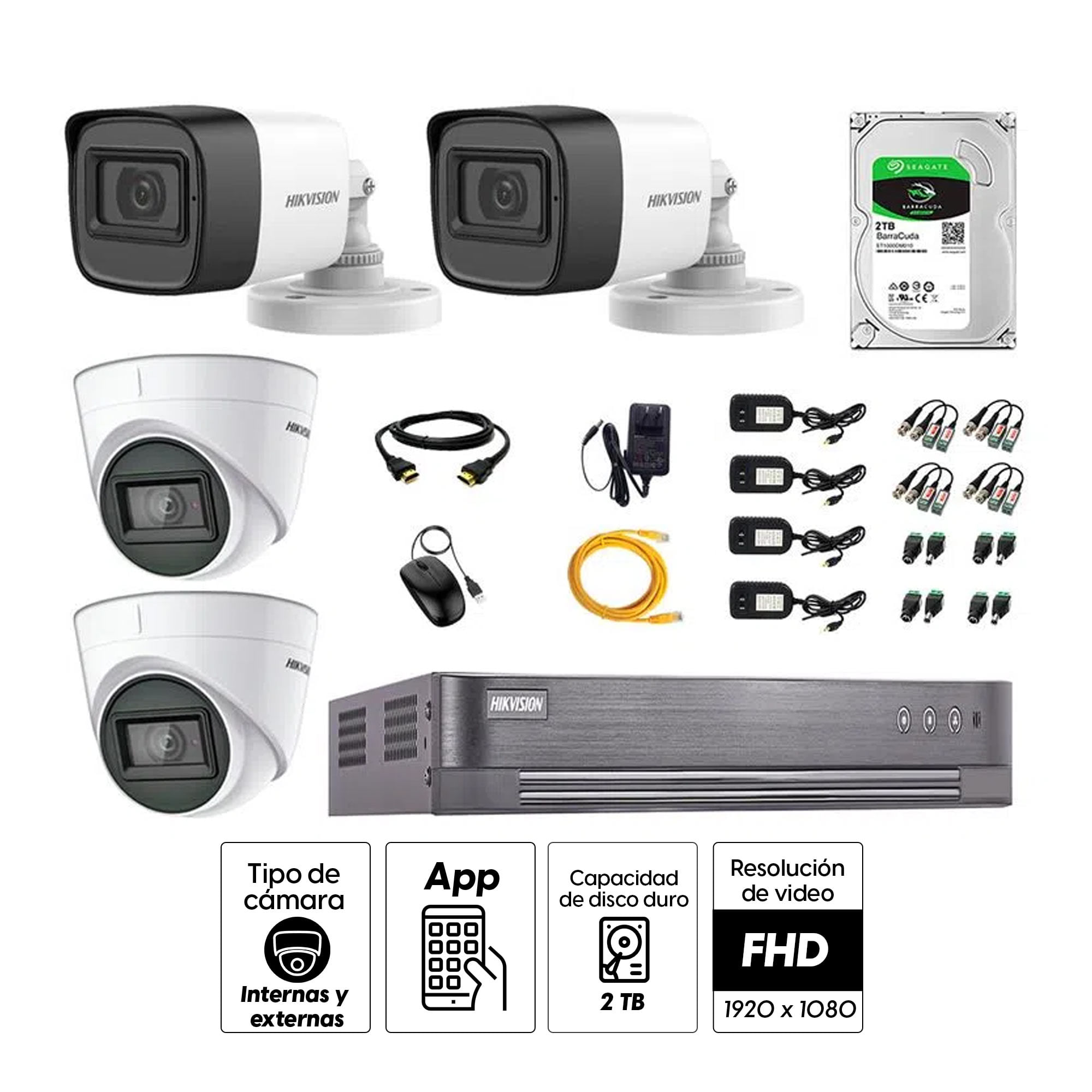 Imagen 2 del producto Kit de seguridad Hikvision 2 cámaras Domo (audio incorporado) 1080P + 2 cámaras Tubo 1080P + dvr + disco 2TB