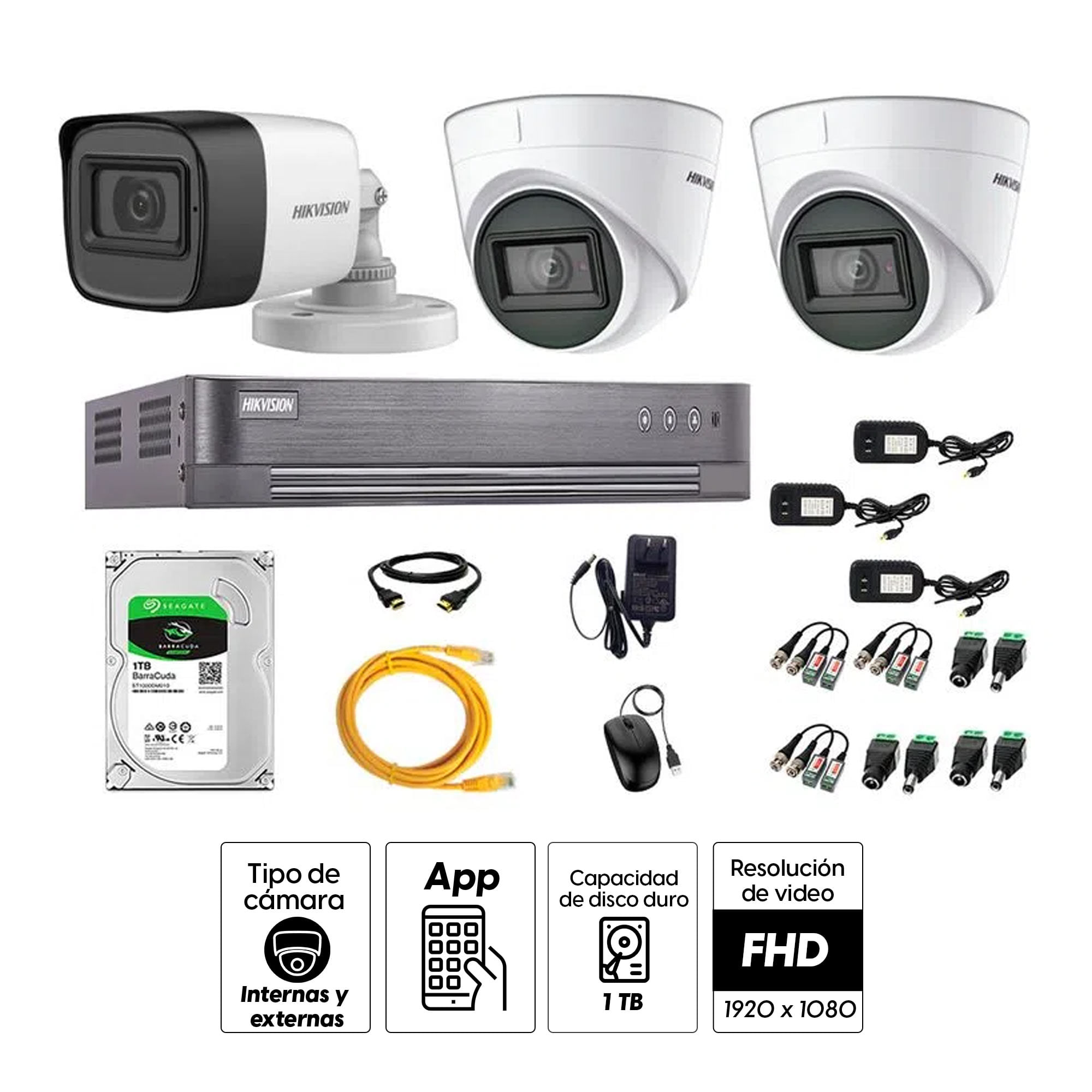 Imagen 2 del producto Kit de seguridad Hikvision 2 cámaras Domo (audio incorporado) 1080P + 1 cámara Tubo (audio incorporado) 1080P + dvr + disco 1TB