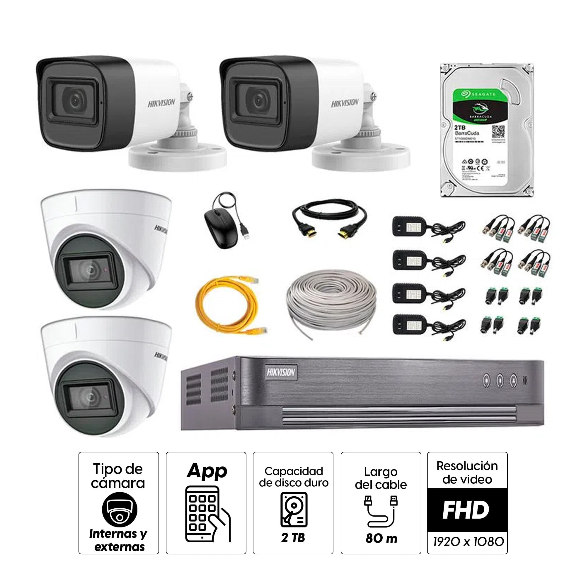 Imagen 2 del producto Kit de seguridad Hikvision 2  cámaras Domo (audio incorporado) 1080P + 2 cámaras Tubo (audio incorporado) 1080P + dvr + disco 2TB