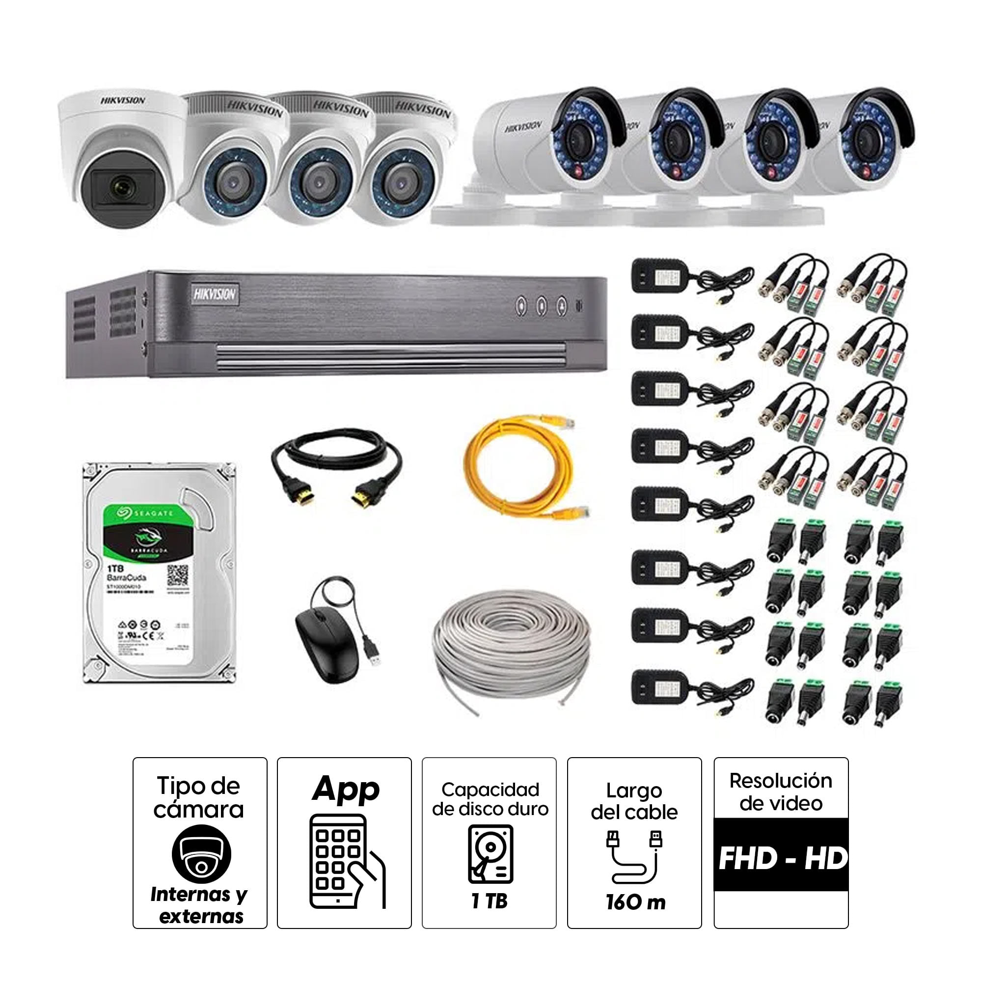 Imagen 2 del producto Kit de seguridad Hikvision 1 cámara Domo (micrófono incorporado) 1080P + 3 cámaras Domo Turbo 720P +  4 cámaras Tubo Turbo 720P + dvr + disco 1TB
