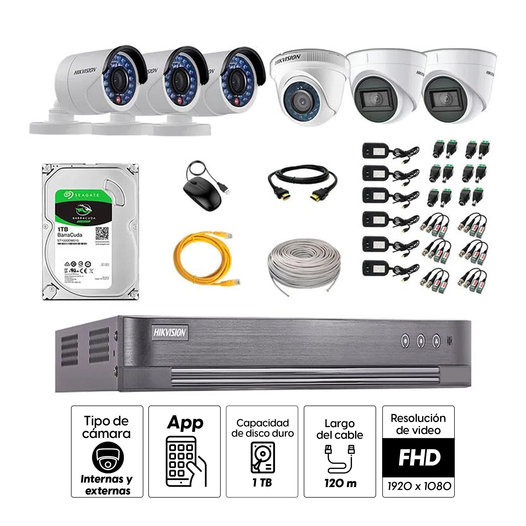 Imagen 2 del producto Kit de seguridad Hikvision 2 cámaras Domo (audio incorporado) 1080P + 1 cámara Domo 1080P + 3 cámaras Tubo 1080P + dvr + disco 1TB