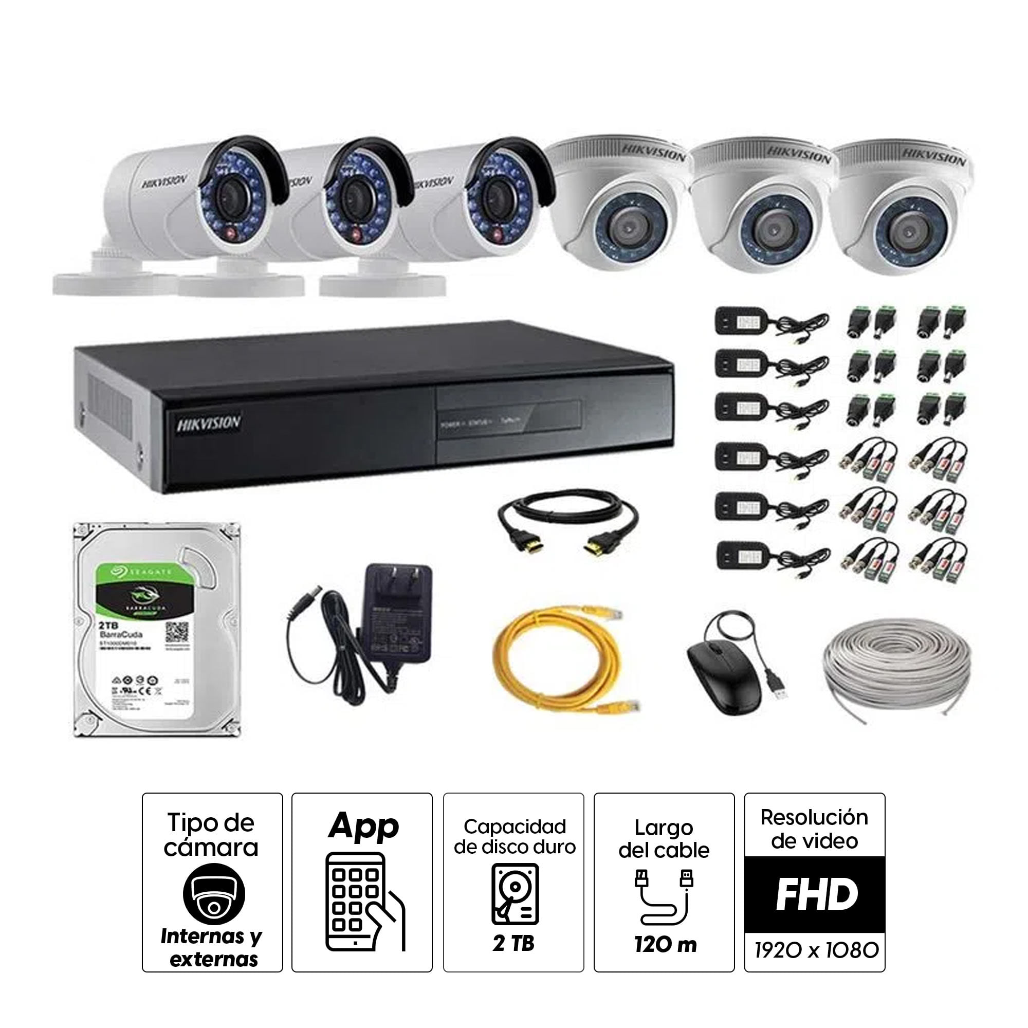 Imagen 2 del producto Kit de cámaras de seguridad Hikvision 6 cámaras, 1080P + DVR + disco duro de 2TB + 120 m de cable Cat 5E
