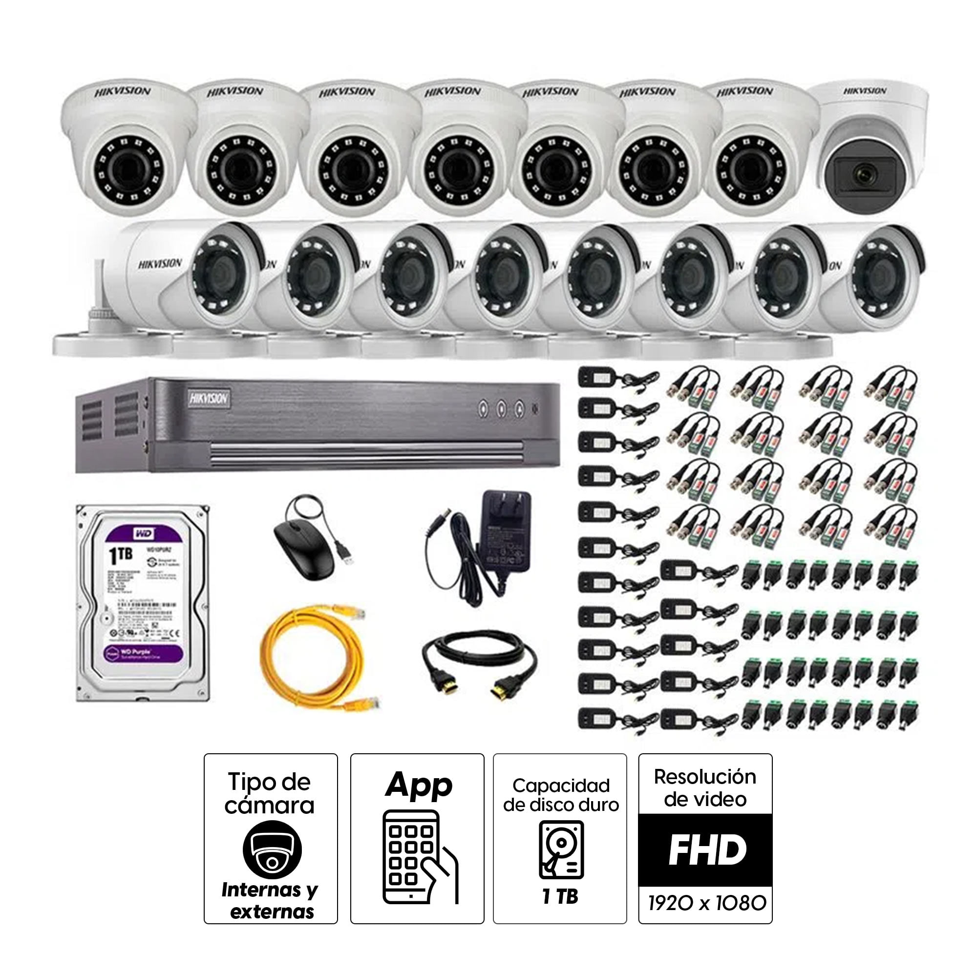 Imagen 2 del producto Kit de seguridad Hikvision 1 cámara Domo (micrófono incorporado) 1080P + 7 cámaras Domo Turbo 1080P + 8 cámaras Tubo Turbo 1080P + dvr + disco 1TB