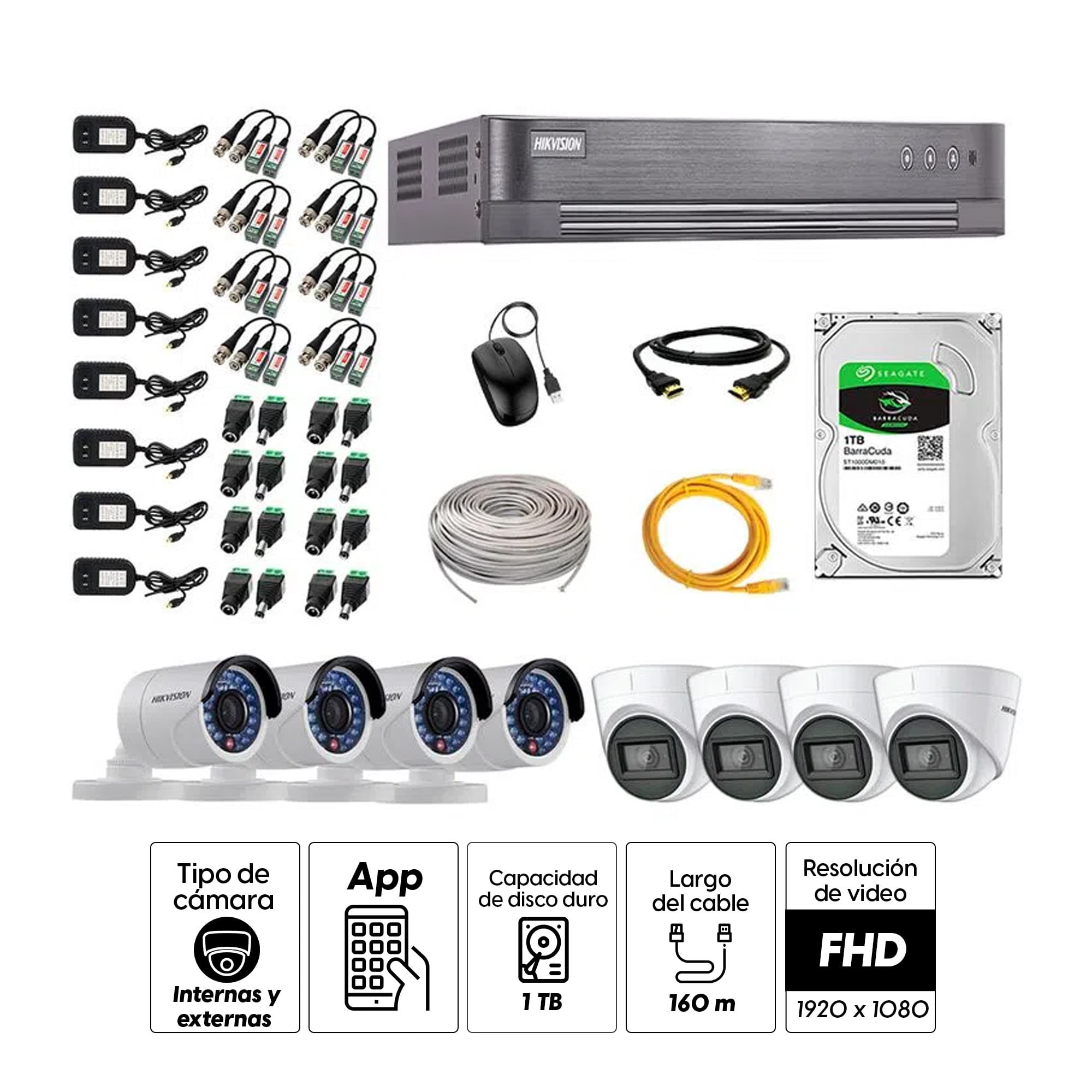 Imagen 2 del producto Kit de cámaras de seguridad Hikvision 8 cámaras (4 Domo con audio incorporado 1080P + 4 Tubo 1080P) + DVR + disco duro de 1TB