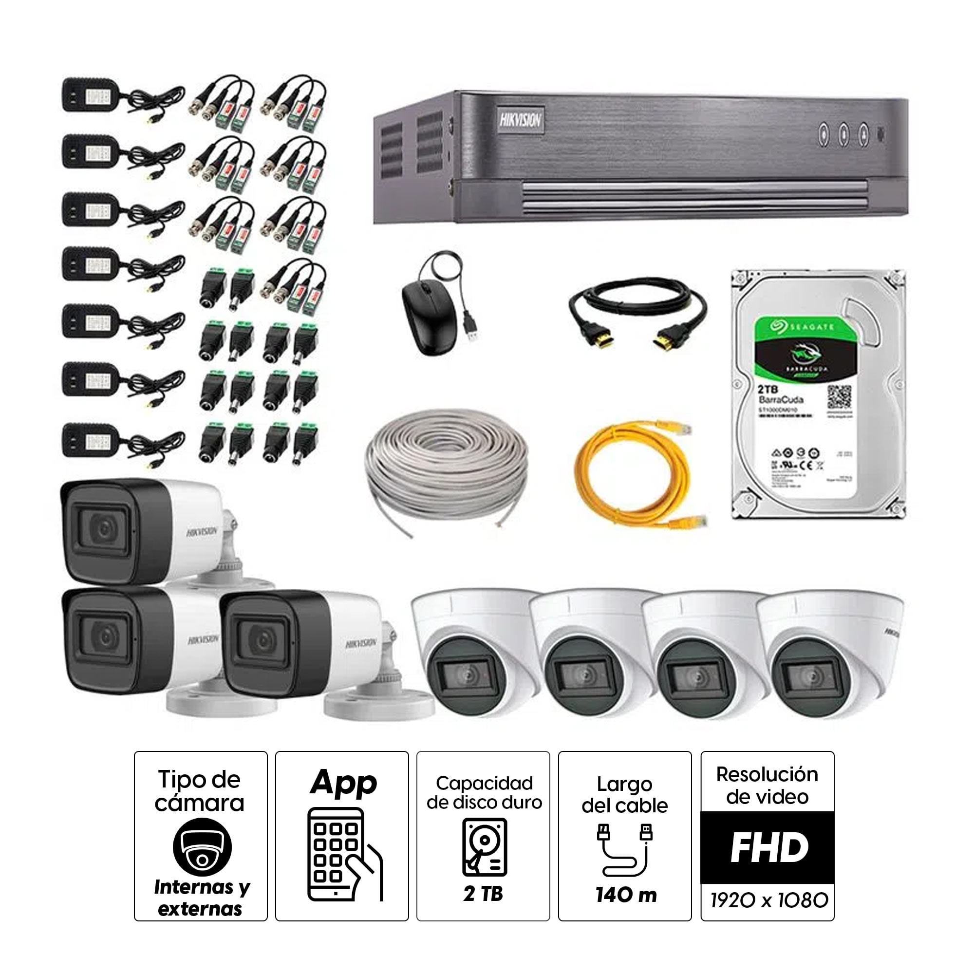 Imagen 2 del producto Kit de cámaras de seguridad Hikvision 7 cámaras con audio incorporado, 1080P Full HD + DVR + disco duro de 2TB
