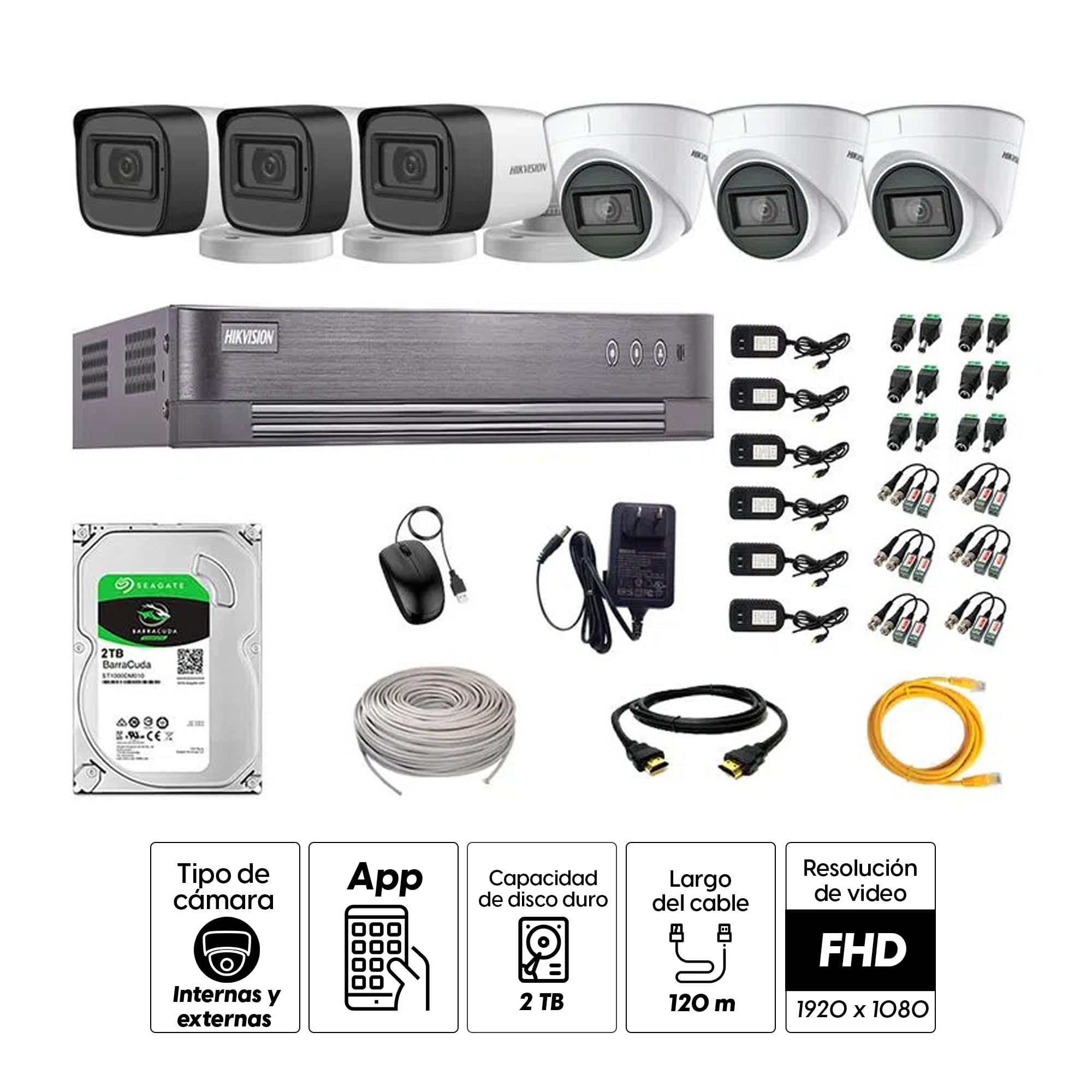 Imagen 2 del producto Kit de cámaras de seguridad Hikvision 6 cámaras con audio incorporado, 1080P Full HD + DVR + disco duro de 2TB