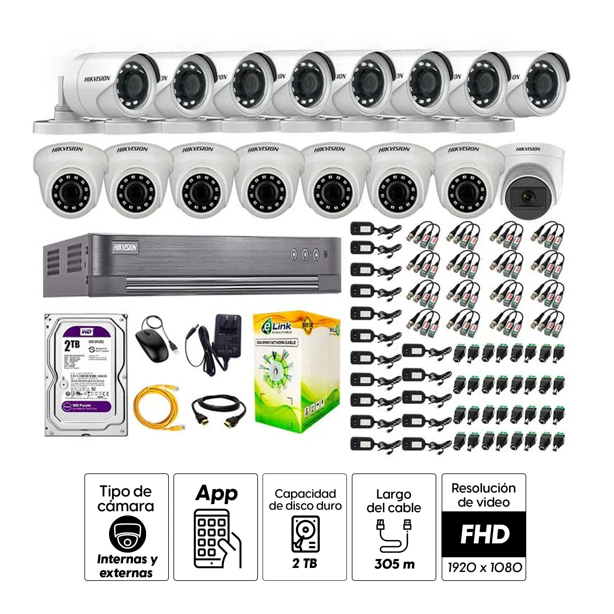 Imagen 2 del producto Kit de cámaras de seguridad Hikvision 16 cámaras (incluye una cámara con micrófono), 1080P Full HD + DVR + disco duro de 2TB
