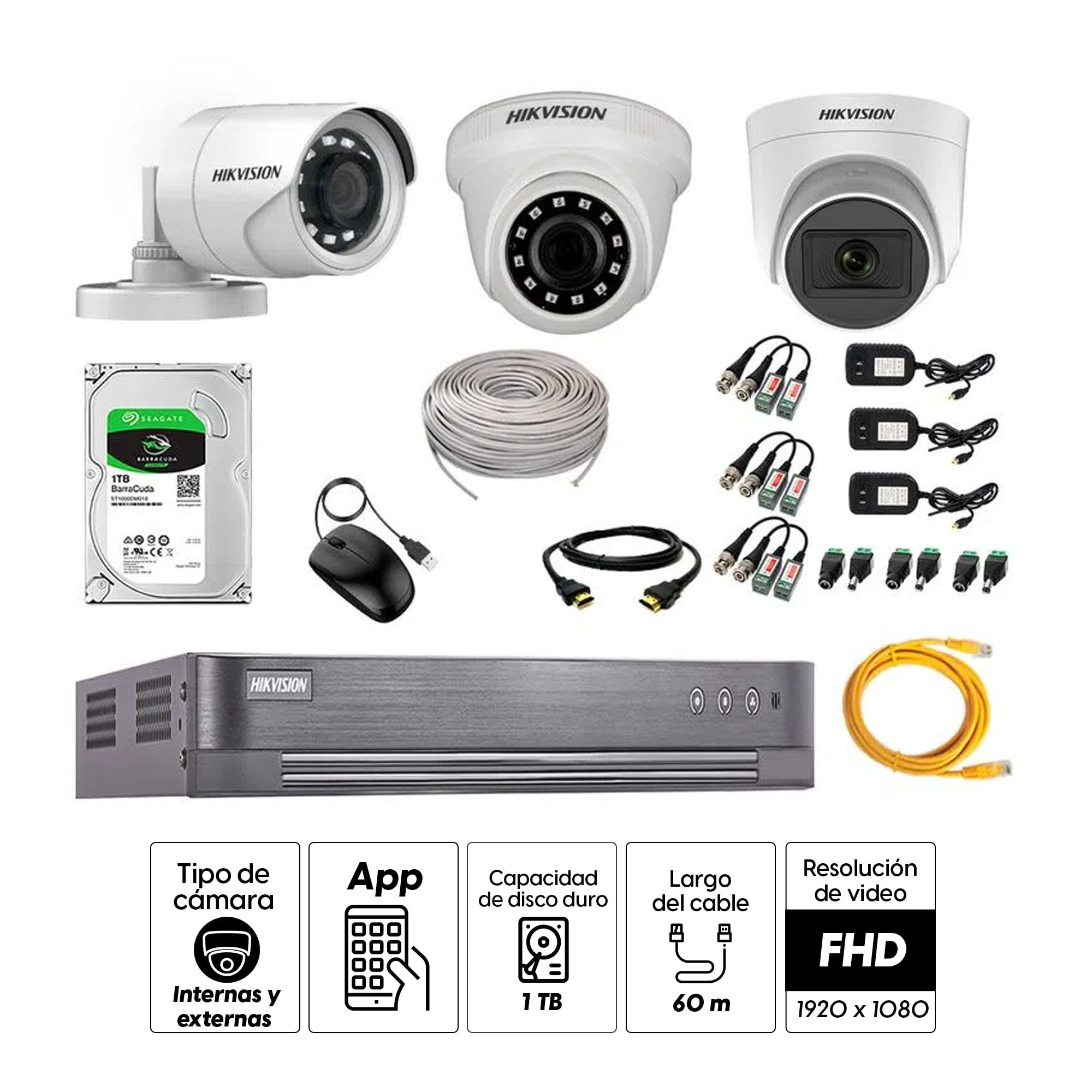 Imagen 2 del producto Kit de cámaras de seguridad Hikvision 3 cámaras (incluye una cámara con micrófono), 1080P Full HD + DVR + disco duro de 1TB