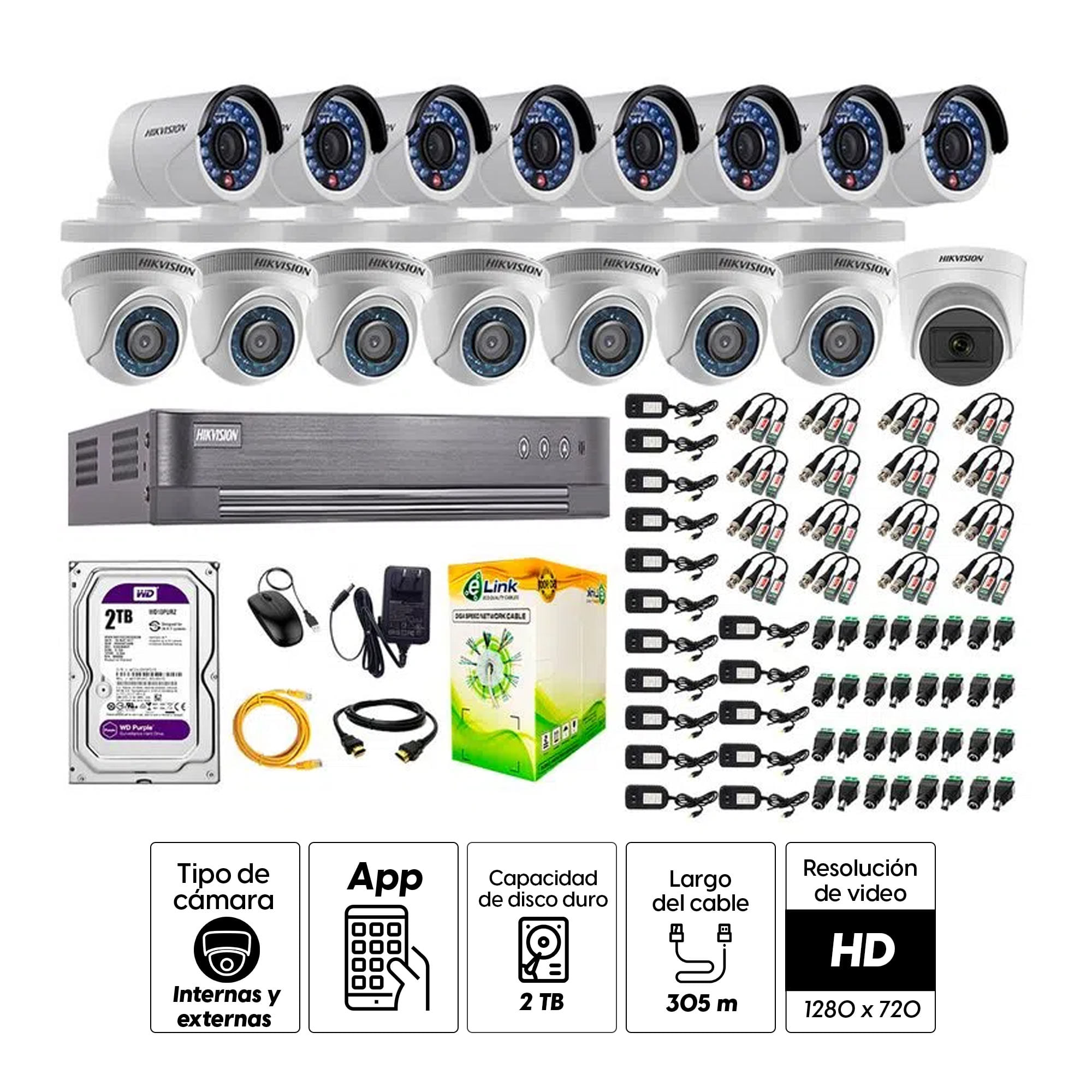 Imagen 2 del producto Kit de cámaras de seguridad Hikvision 16 cámaras (incluye una cámara con micrófono), 720P HD + DVR + disco duro de 2TB
