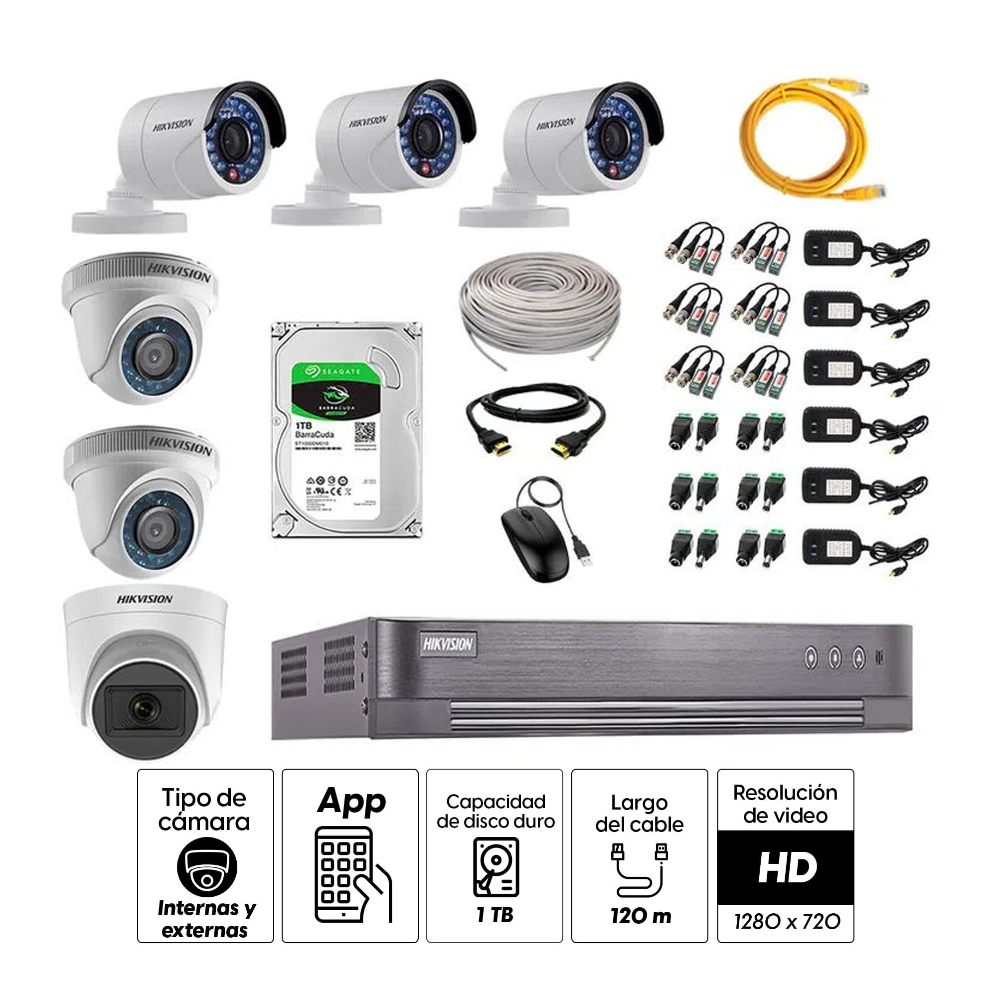 Imagen 2 del producto Kit de cámaras de seguridad Hikvision 6 cámaras (incluye una cámara con micrófono), 720P HD + DVR + disco duro de 1TB
