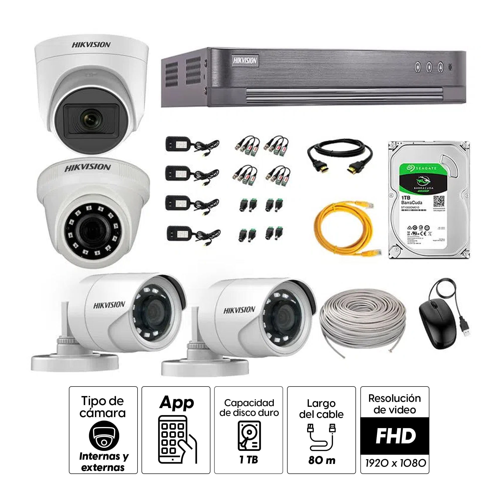 Imagen 2 del producto Kit de cámaras de seguridad Hikvision 4 cámaras (incluye una cámara con micrófono), 1080P Full HD + DVR + disco duro de 1TB