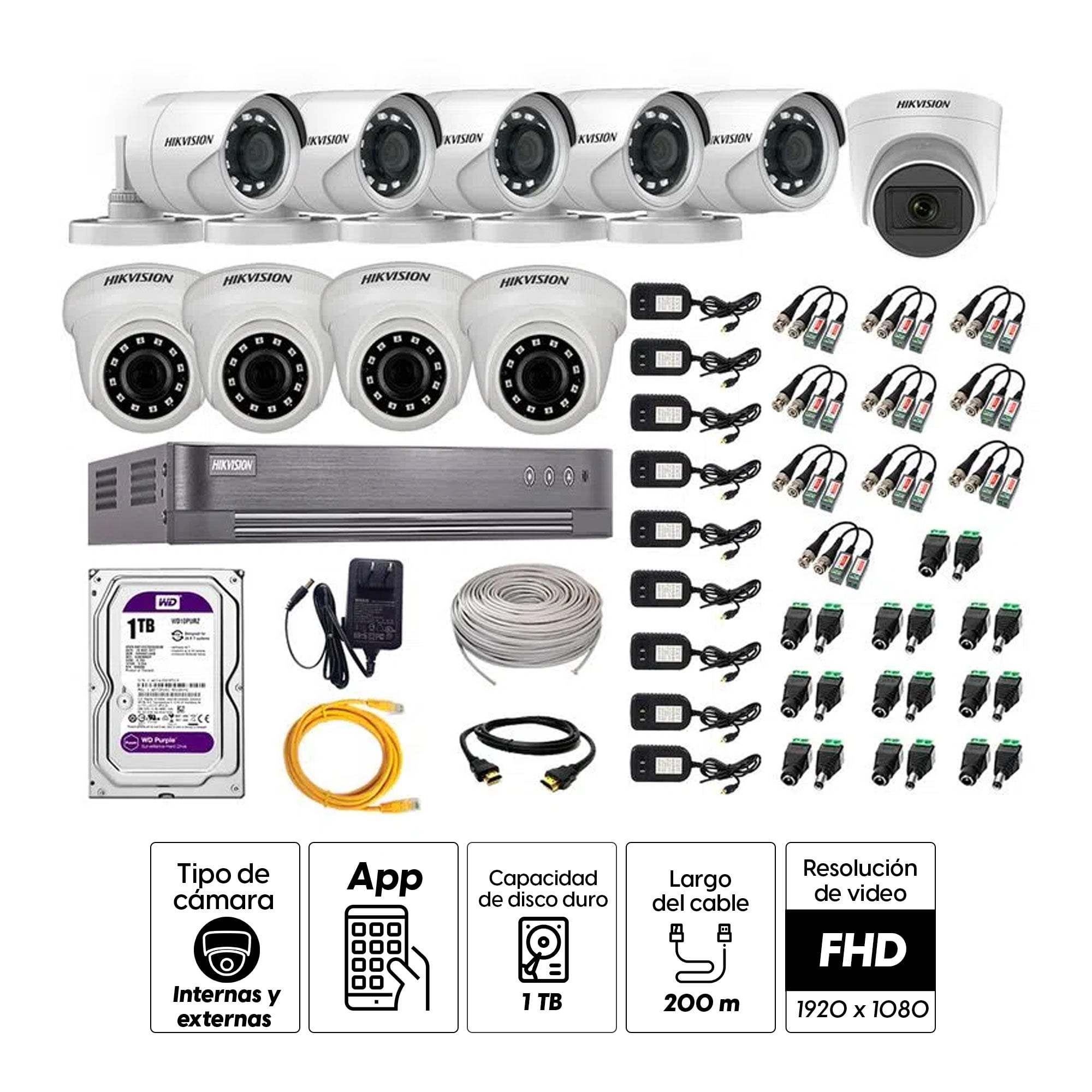 Imagen 2 del producto Kit de cámaras de seguridad Hikvision 10 cámaras (incluye una cámara con micrófono), 1080P Full HD + DVR + disco duro de 1TB