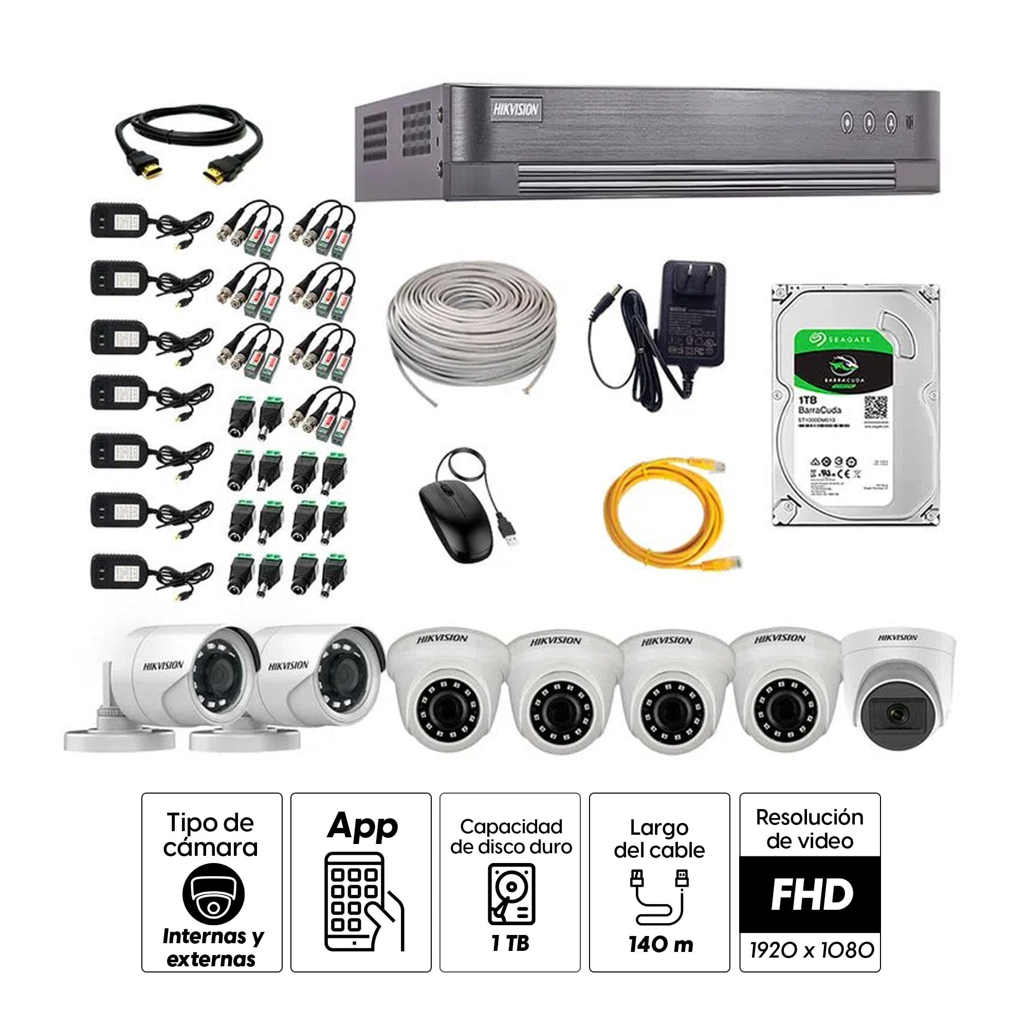 Imagen 2 del producto Kit de cámaras de seguridad Hikvision 7 cámaras (incluye una cámara con micrófono), 1080P Full HD + DVR + disco duro de 1TB