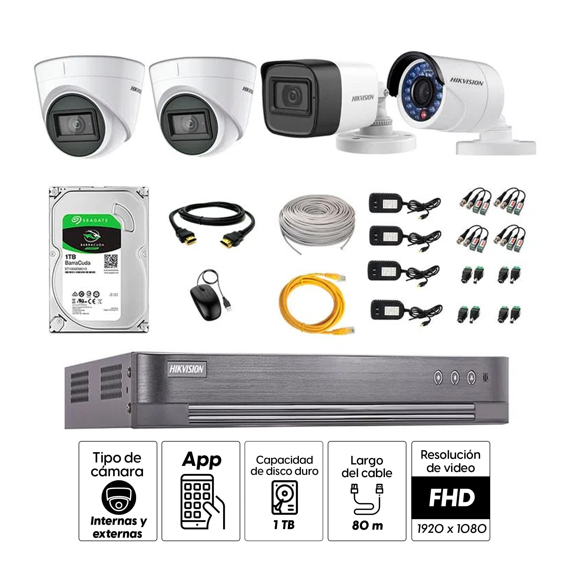 Imagen 2 del producto Kit de cámaras de seguridad Hikvision 4 cámaras (incluye 3 cámaras con audio incorporado), 1080P + DVR + disco duro de 1TB