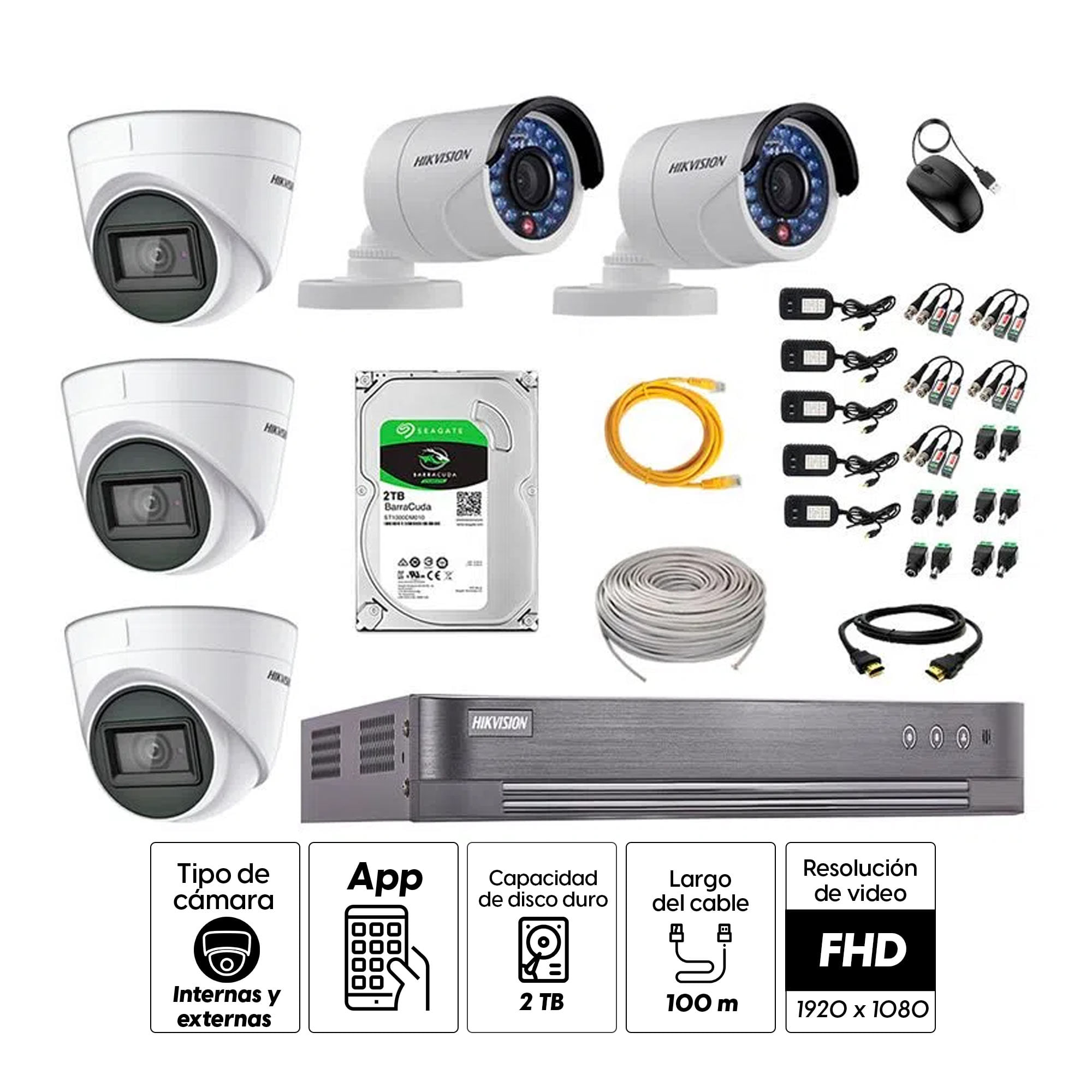 Imagen 2 del producto Kit de cámaras de seguridad Hikvision 5 cámaras (3 Domo con audio incorporado 1080P + 2 Tubo 1080P) + DVR + disco duro de 2TB