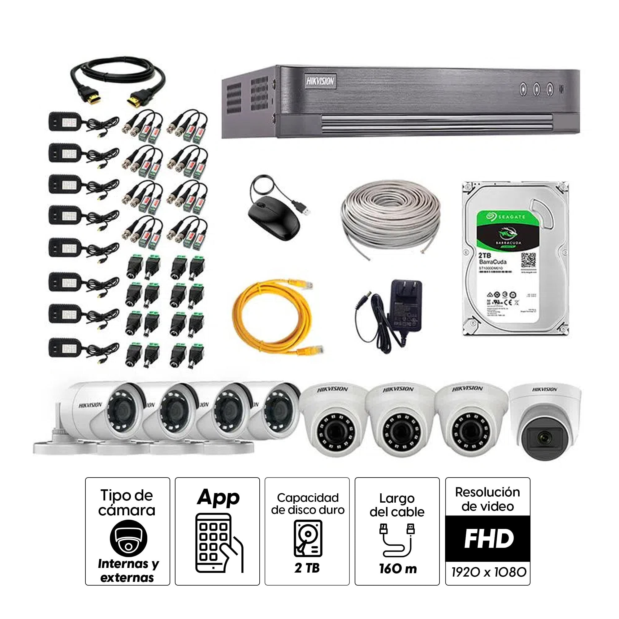 Imagen 2 del producto Kit de seguridad Hikvision 1 cámara Domo (micrófono incorporado) 1080P + 3 cámaras Domo Turbo 1080P + 4 cámaras Tubo Turbo 1080P + dvr + disco 2TB
