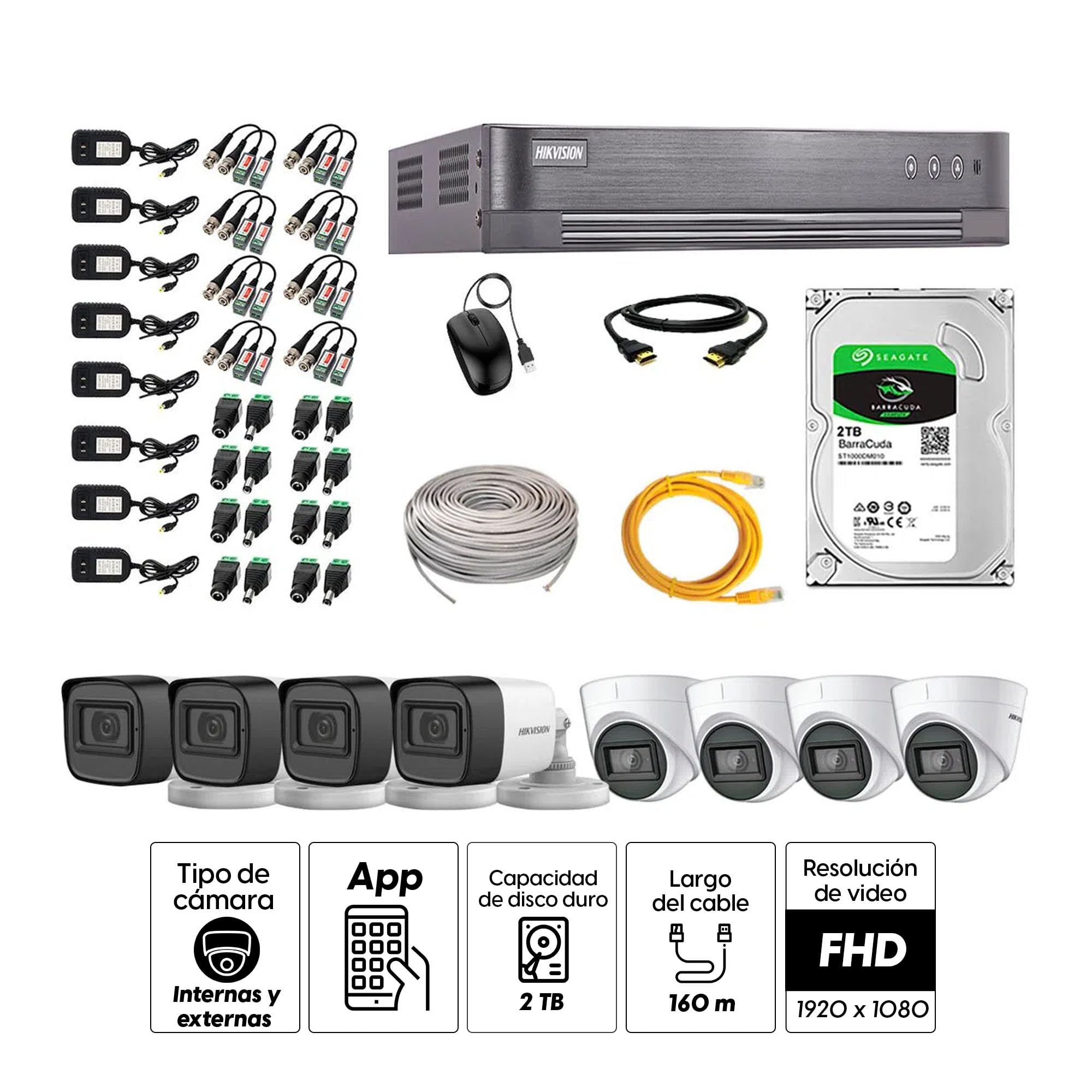 Imagen 2 del producto Kit de seguridad Hikvision 4 cámaras Domo (audio incorporado) 1080P + 4 cámaras Tubo (audio incorporado) 1080P + dvr + disco 2TB
