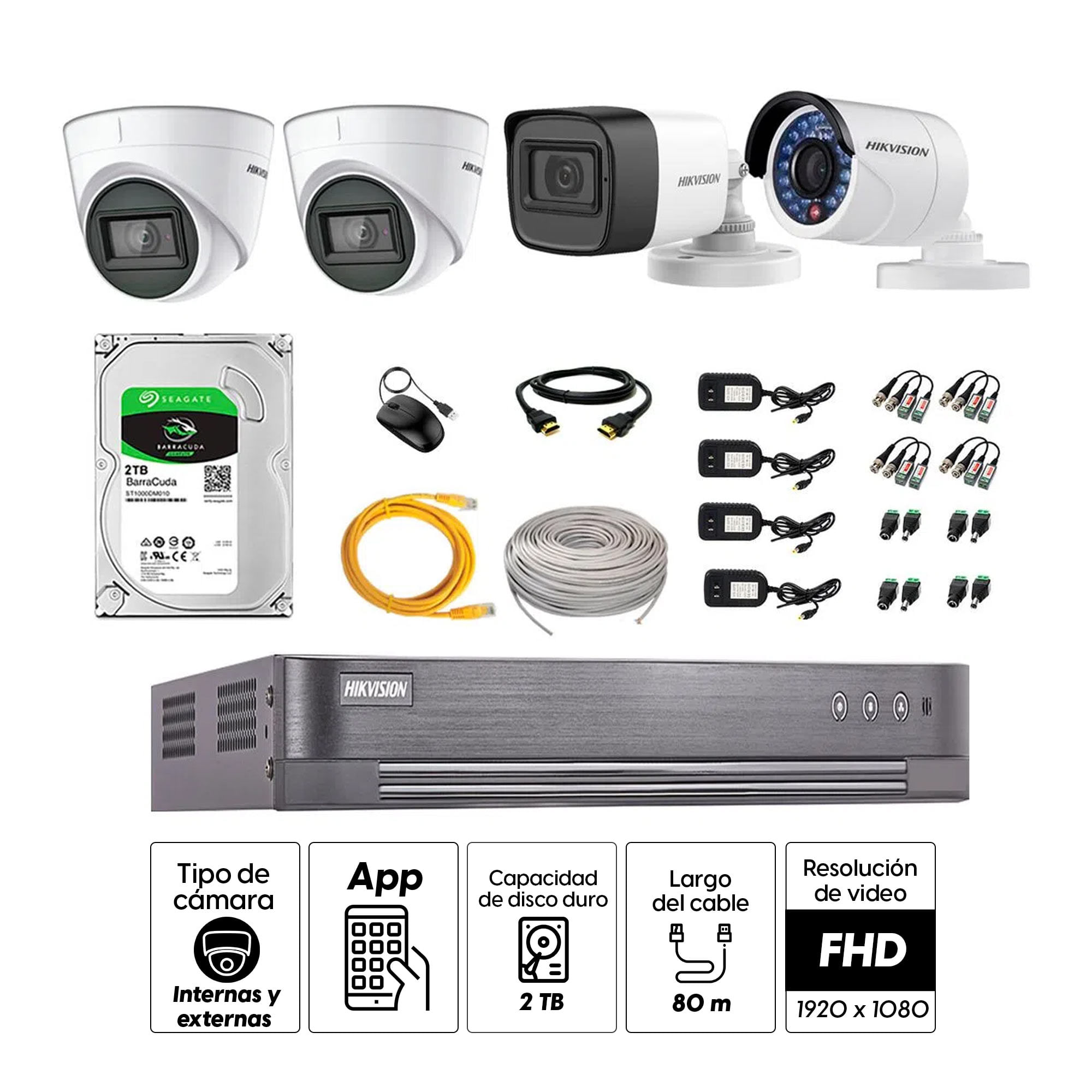 Imagen 2 del producto Kit de seguridad Hikvision 2 cámaras Domo (audio incorporado) 1080P + 1 cámara Tubo (audio incorporado) 1080P + 1 cámara Tubo 1080P + dvr + disco 2TB